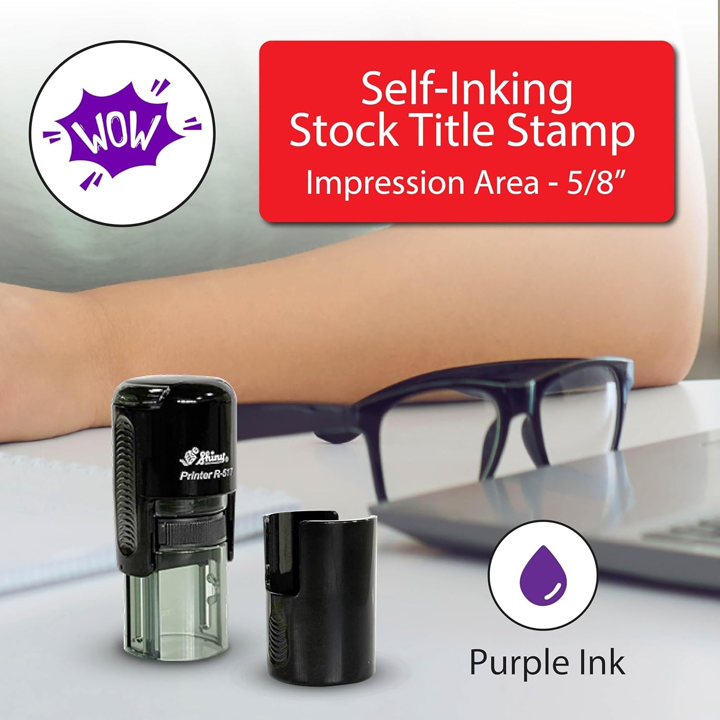Shiny Wow Teacher Stamp, Round Self Inking Stamp for Classroom, Purple Ink