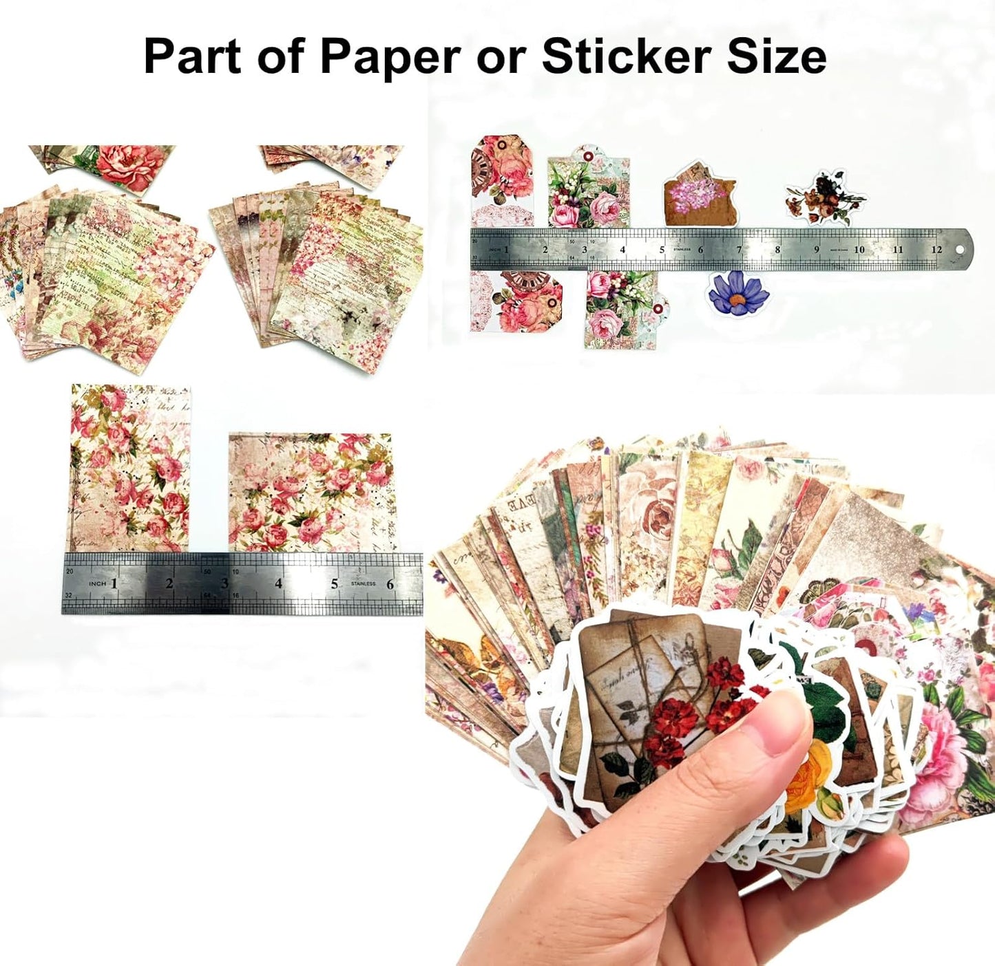 200PCS Vintage Scrapbooking Supplies Pack, Aesthetic Scrapbook Sticker Paper Art Journaling Kit for Bullet Junk Journals,Planner,Cottagecore Decor Gifts (Multiflora)