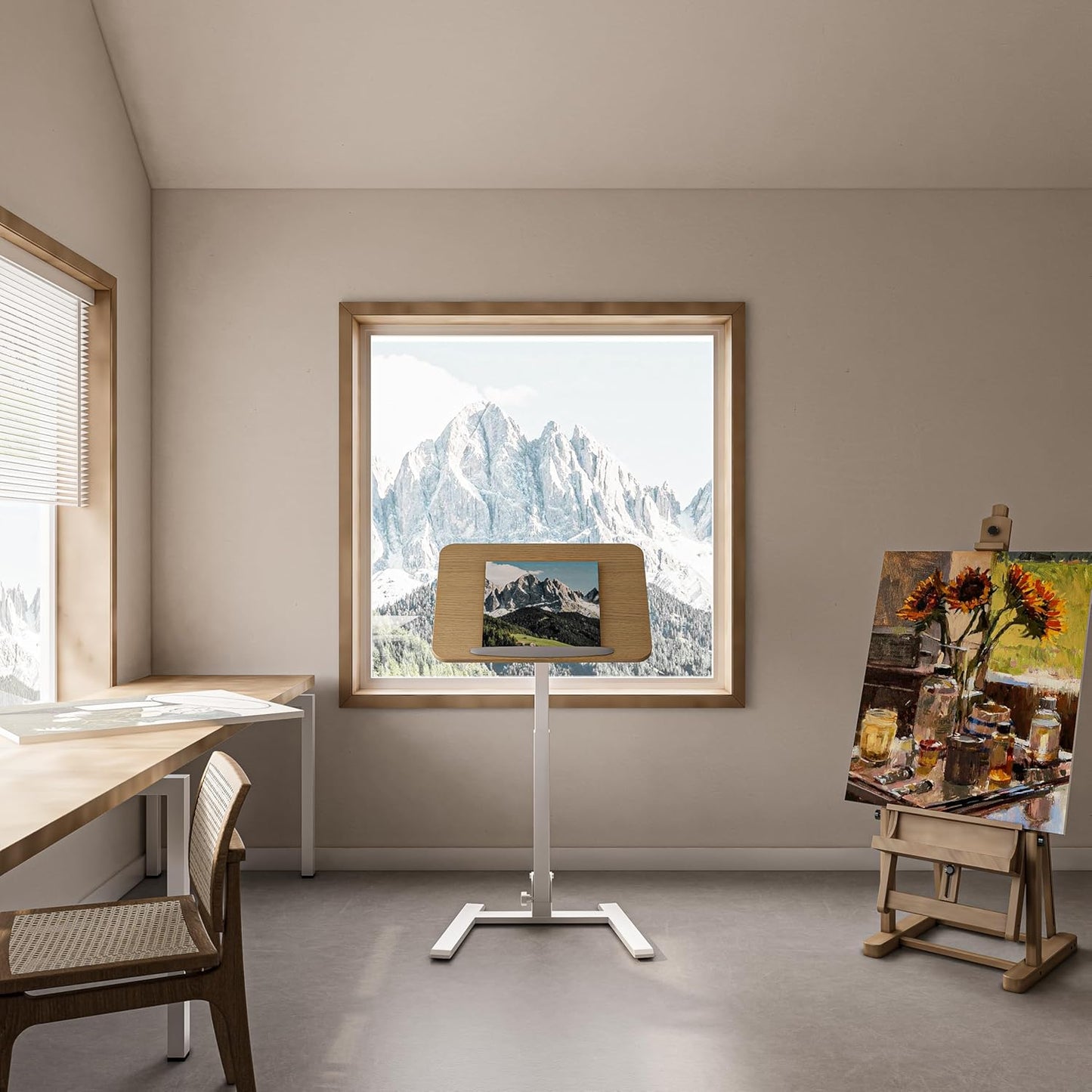 Mobile Folding Desk - 25 Inch Space-Saving Portable Sit-Stand Desk with Wheels, Height Adjustable for Home Office, Craft & Study, Beige