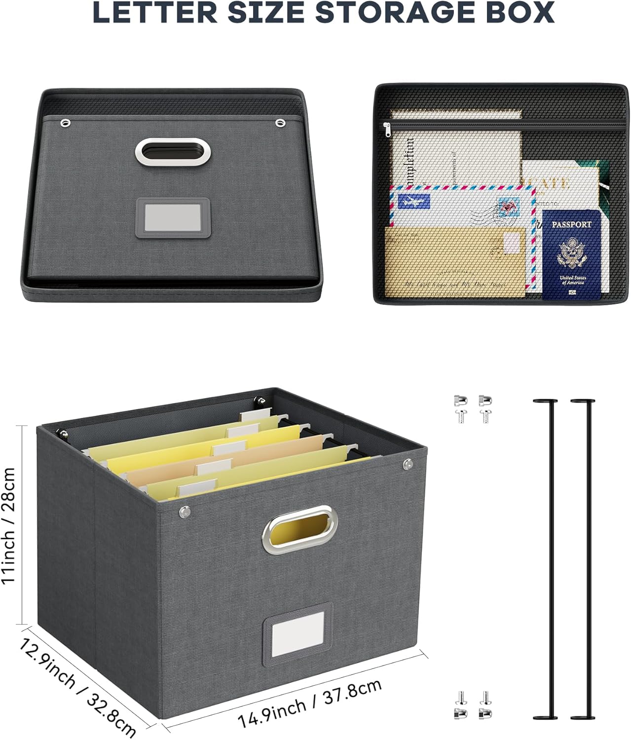 2 Pack File Organizer Box with Lid, Large Hanging Filing Box with Mesh Pocket, Document Organizer for Letter Files, Portable Storage Case for Office&Home (Dark grey)