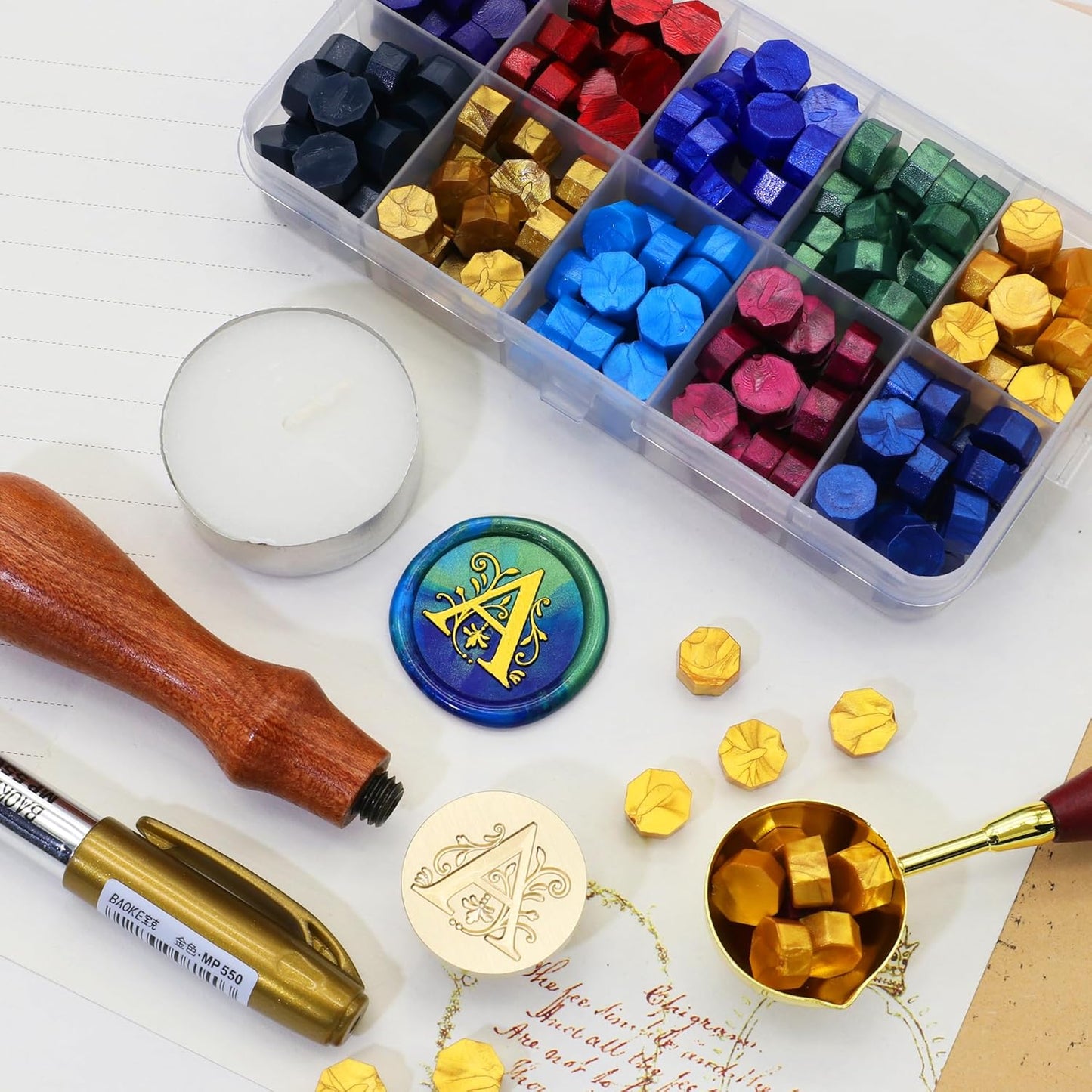 SWANGSA Initial Alphabet A Wax Seal Stamp Kit, Classic Retro Letter Sealing Stamp with 200pcs Sealing Wax Beads Kit for Wedding Invitations Cards Envelopes (A)
