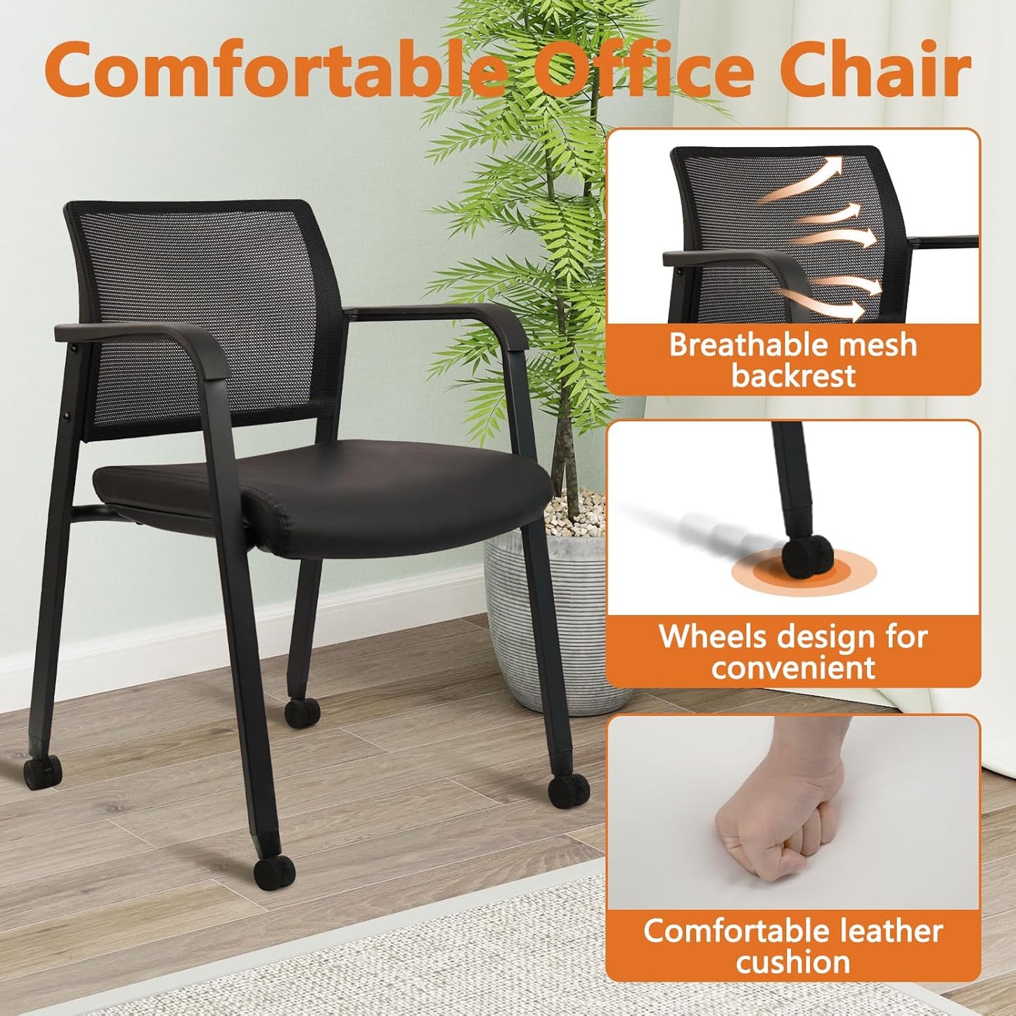 CLATINA Stacking Office Chair with Wheels, Mesh Back Waiting Room Guest Chairs with Arms Comfortable Leather Cushion Stackable Desk Chair for Conference Reception School Side Stationary, Black, 4PK