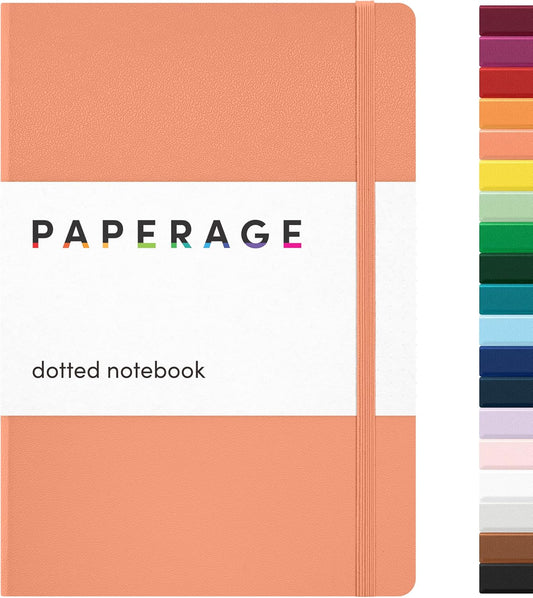 PAPERAGE Dotted Journal Notebook, (Coral), 160 Pages, Medium 5.6 in x 8 in - 100 GSM Thick Paper – Hardcover Journaling Notebook for Work, School & Bullet Journaling
