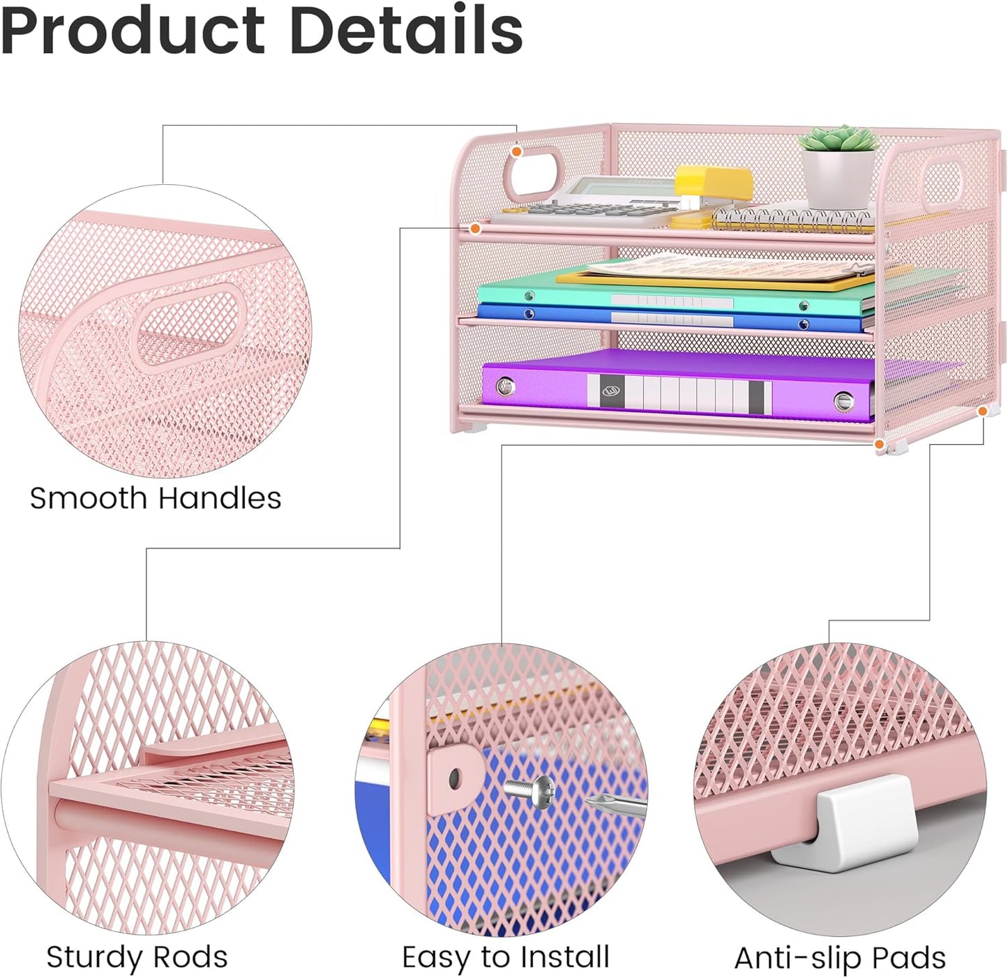 3 Tier Paper Organizer with Handle, Metal Desk Organizer Mesh Paper Letter Tray Desktop File Folder Document Sorter for Classroom, School, Office Accessories Organization and Storage - Pink