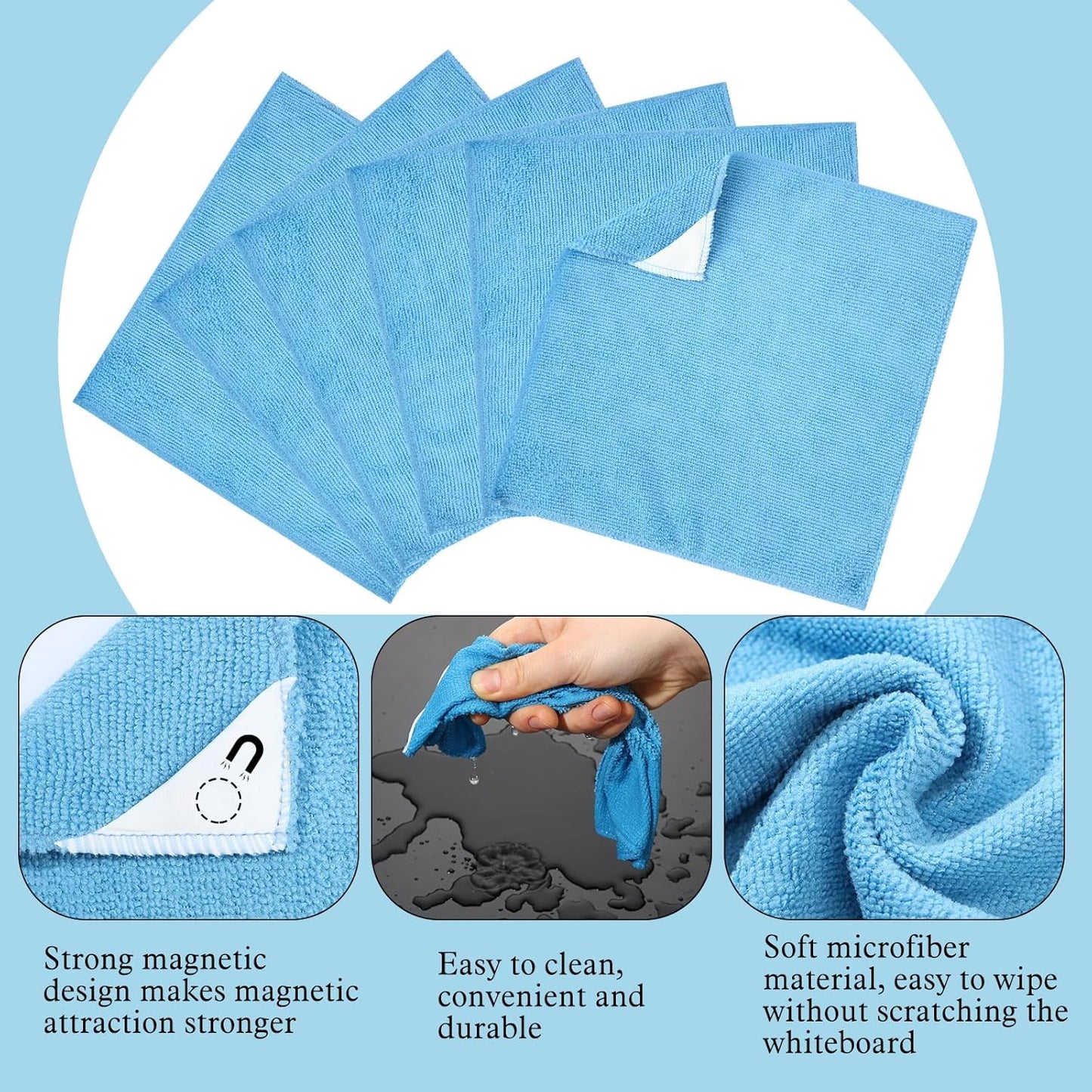 6 Pack Magnetic Whiteboard Cleaning Cloth Magnetism 10'' x 10'' Colorful Microfiber Dry Erase Cloth Reusable Washable Whiteboard Eraser for Classroom Home Office (Blue)