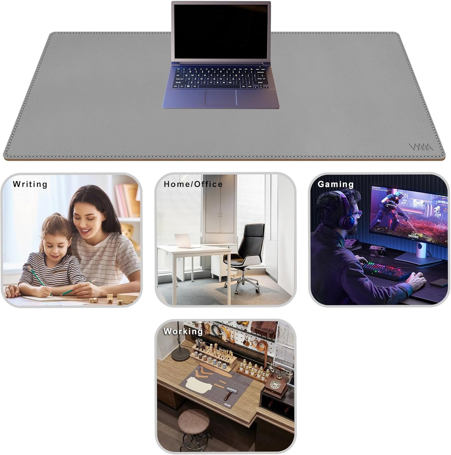 Vyaaa Cork & Leather Desk Mat, 43.3“ x 19.7” Dual Sided Leather Desk Pad, Waterproof Extra Large Desk Mat, Desk Mats on top of Desks for Home or Office (Grey)