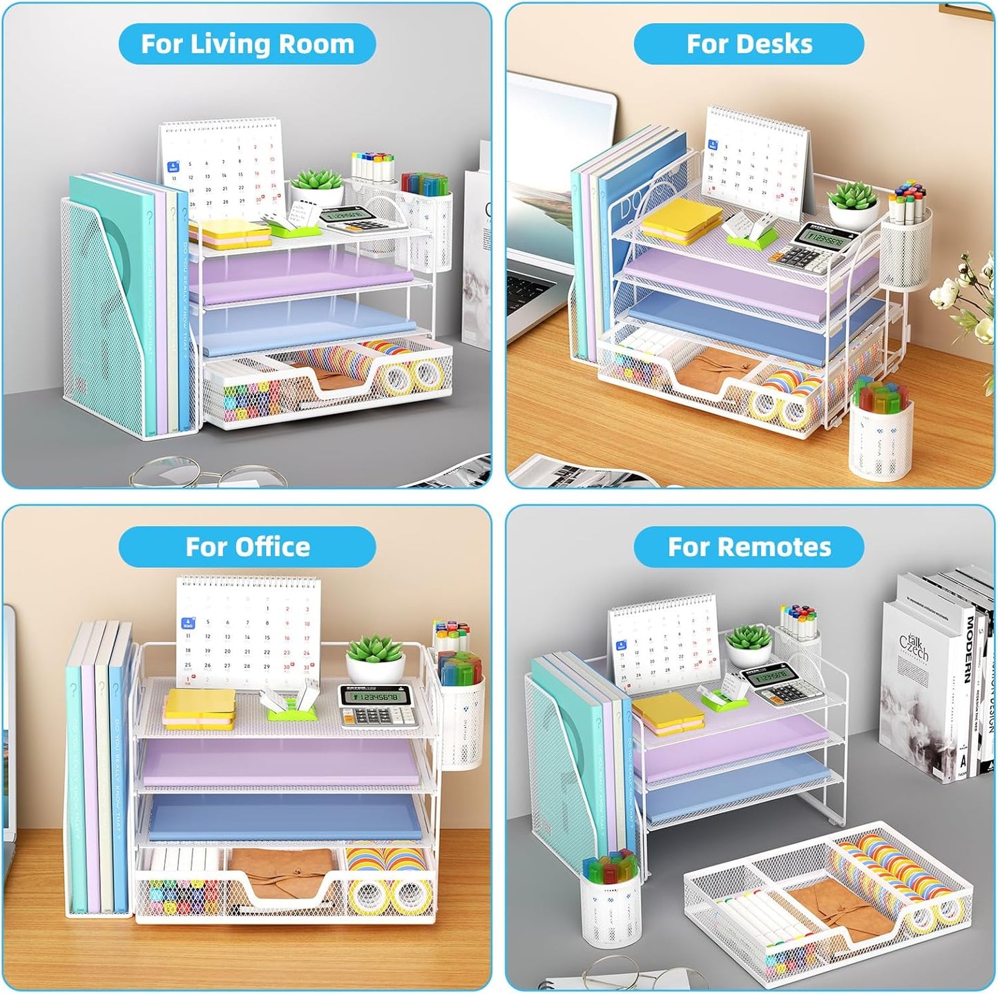 Marbrasse Desk Organizer and Accessories，4-Tier Paper Letter Tray Organizer with File Holder, Desk Accessories & Workspace Desk Organizers with Drawer and 2 Pen Holder (White, 15.4" x 9.1" x 8.3")