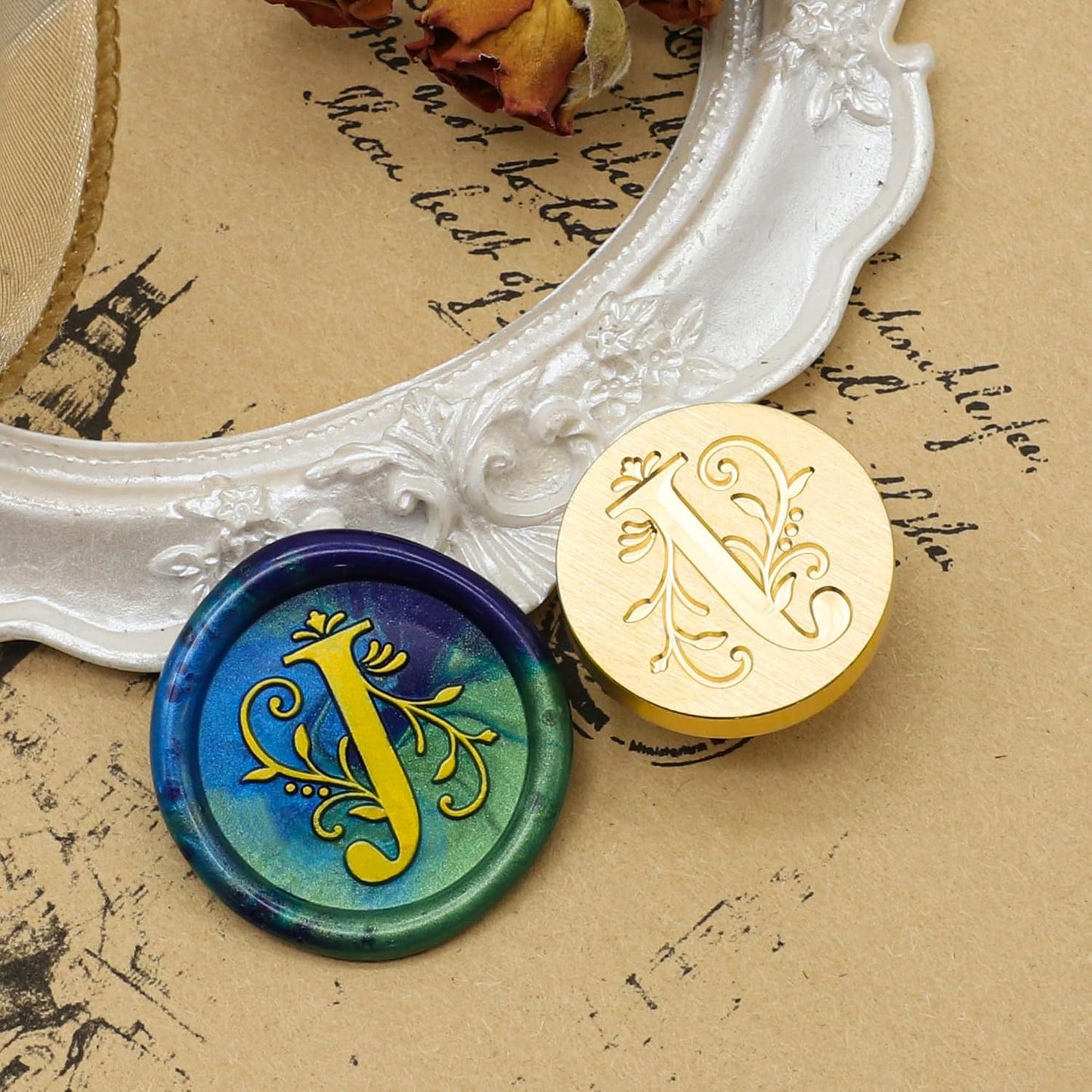 SWANGSA Initial Alphabet J Wax Seal Stamp Kit, Classic Retro Letter Sealing Stamp with 200pcs Sealing Wax Beads Kit for Wedding Invitations Cards Envelopes (J)