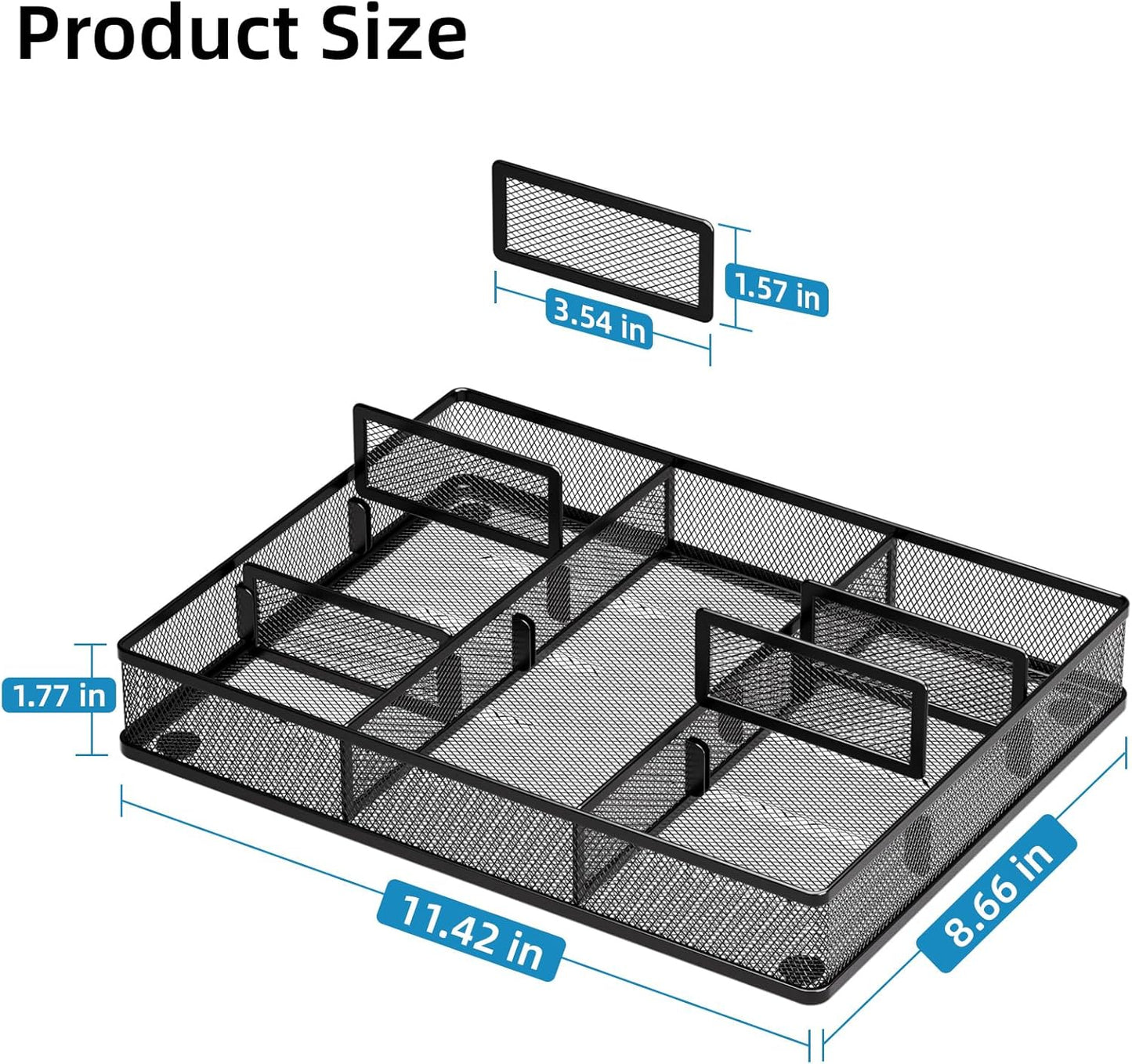 Marbrasse Desk Drawer Organizer, Metal Mesh Drawer Organizer Tray with 5 Adjustable Compartments,Desk Organizers and Accessories for Home,Office,Kitchen,Makeup,Vanity (Black)