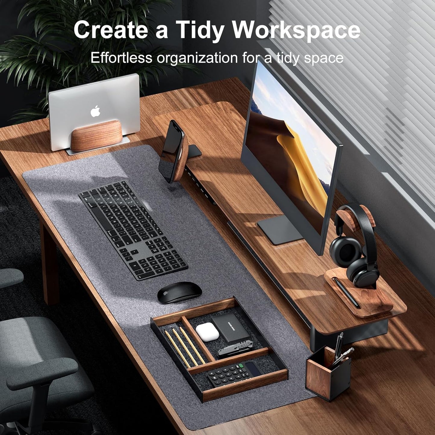 UPERGO Desk Drawer Organizer Tray, Mens Valet Made of Aluminum and Walnut, Aesthetic Desk Accessories for Office Home Supplies