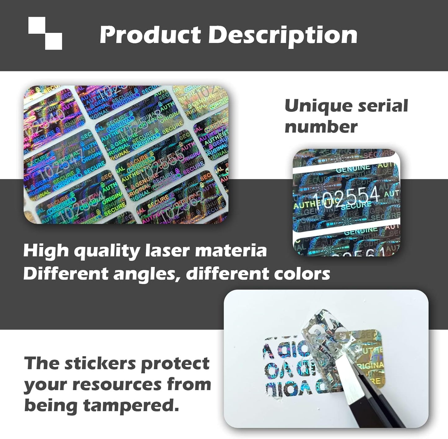 650pcs Tamper Proof Hologram Stickers Security Seal Labels Genuine Guarantee Warranty Void Labels with Unique Serial Number Tamer evident Sticker(0.8x0.4inch)