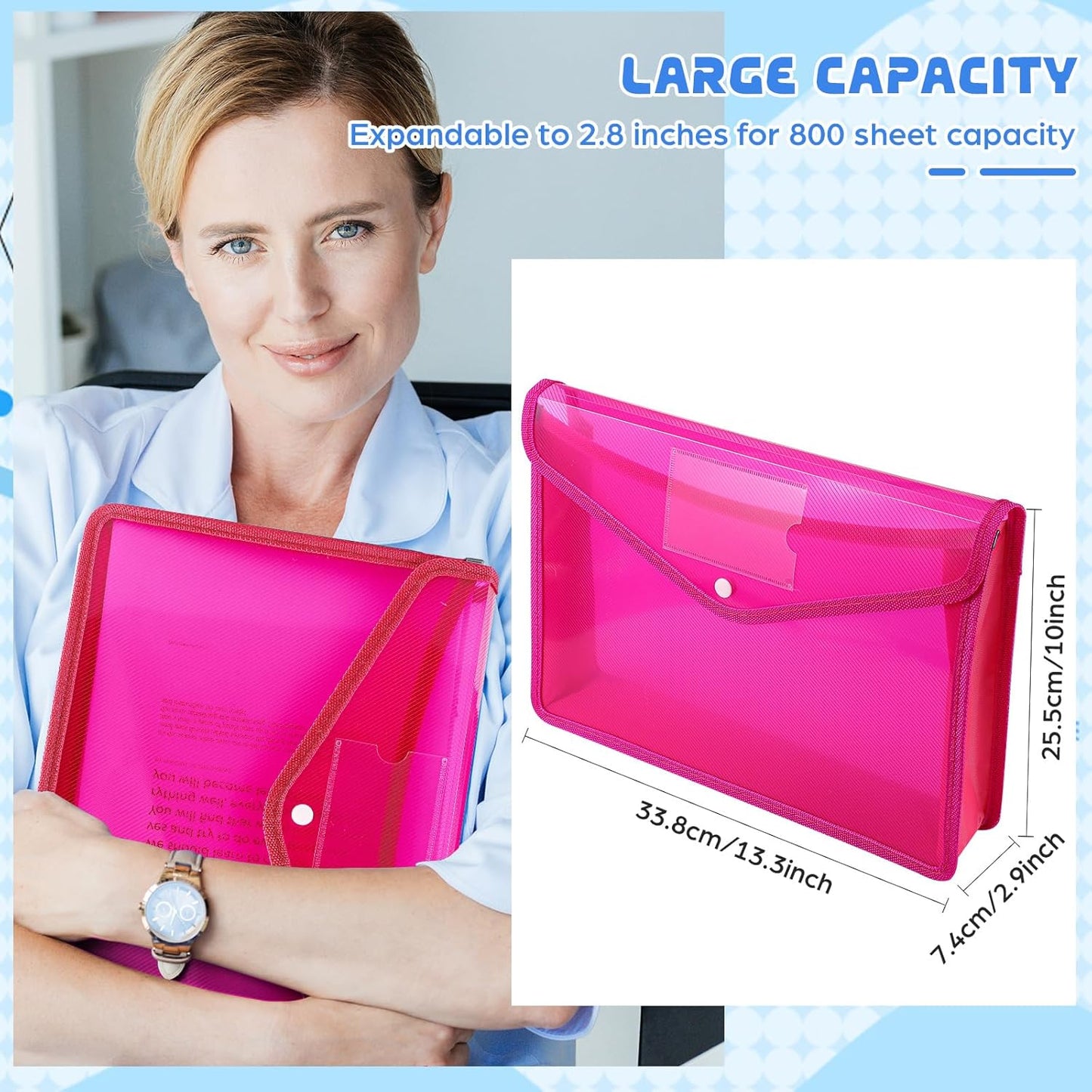 4 Pack A4 Expanding Plastic File Folders Waterproof Document Organizer with Snap Button Multiple Pockets, Office Home Office Storage (Rose Red)