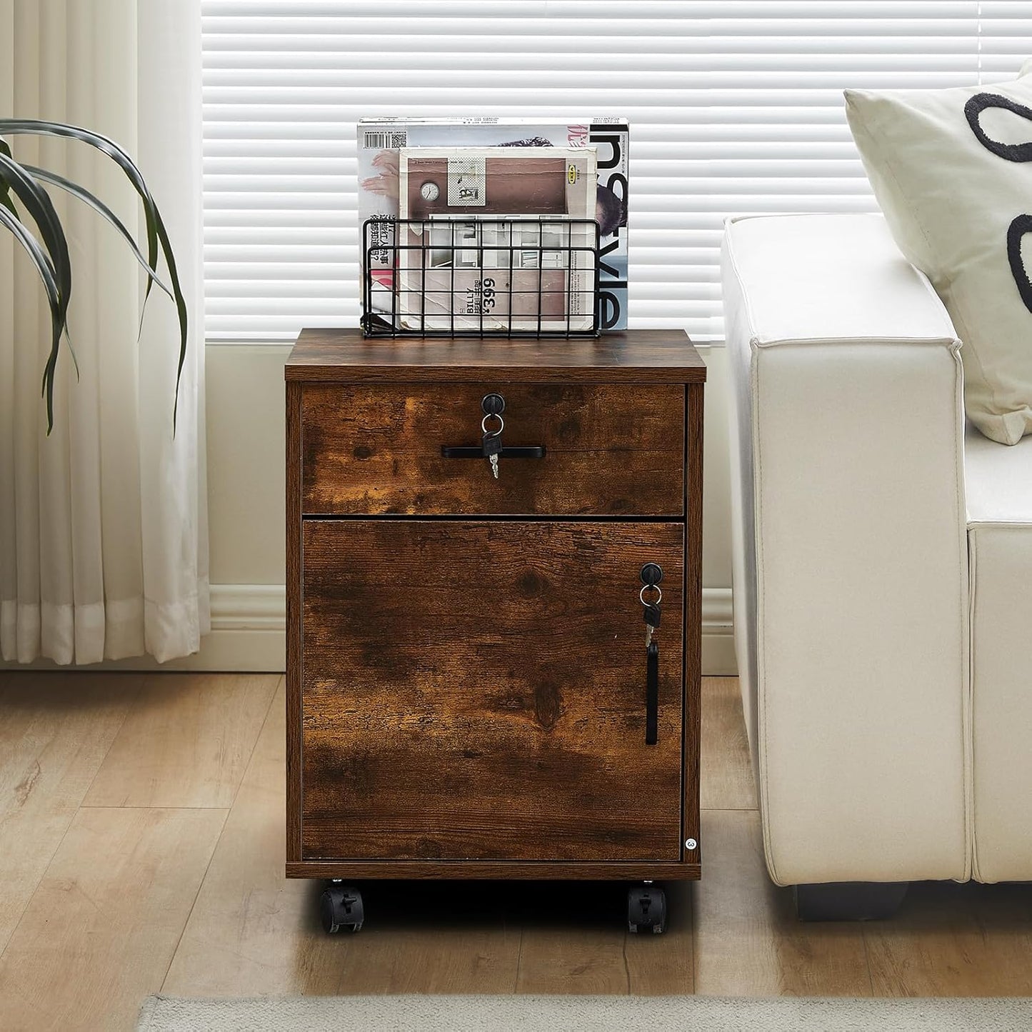 TUKAILAi Mobile File Cabinet with Lockable Drawer & Door, Under Desk Rolling Filing Cabinet with 4 Wheels, Wooden Stationery Storage Cabinet for Home Office (Rustic Brown)