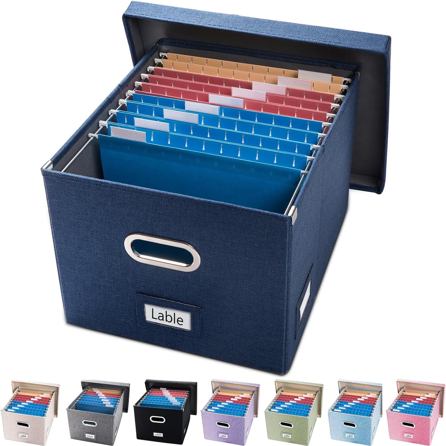 PRANDOM File Organizer Box - Set of 1 Collapsible Decorative Linen Filing Storage Hanging File Folders with Lids Office Cabinet Letter/Legal Size Navy Blue (17x14x11.2 inch)