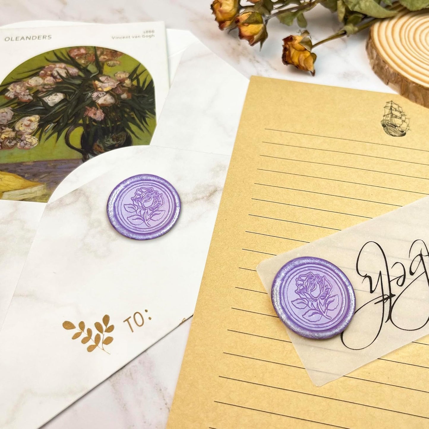 25Pcs Wax Seal Stickers Handmade Envelope Seals Self Adhesive Wax Stickers for Wedding Party Invitations, Envelope, Gift Wrap, Christmas(Rose Style, Lilac Purple)