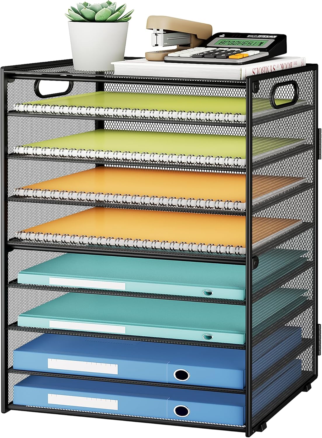 SUBEKYU 9 Tier Paper Organizer for Desk - Black Metal Mesh Letter Tray File Paper Sorter Organizer Include 6 Pcs Adjustable Height Slid Tray with Handles for Office School Home Organization Storage