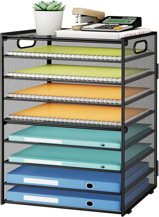 SUBEKYU 9 Tier Paper Organizer for Desk - Black Metal Mesh Letter Tray File Paper Sorter Organizer Include 6 Pcs Adjustable Height Slid Tray with Handles for Office School Home Organization Storage