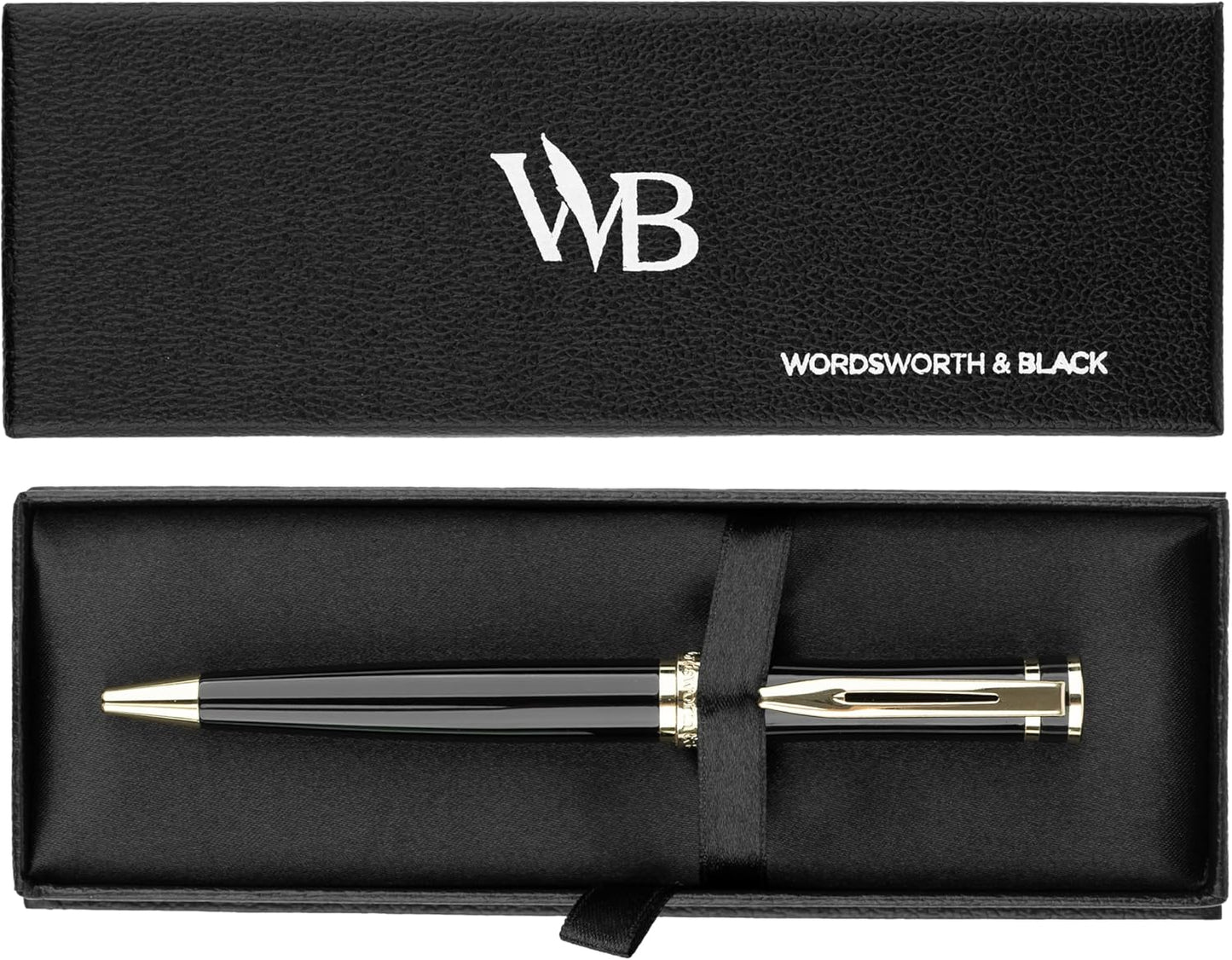 Wordsworth and Black Luxury Ballpoint Pen Set - Black Lacquer 24K Gold Finish, Refillable Fine Point, Elegant Gift for Men & Women, Includes Ink Refill, Nice Pens for Work