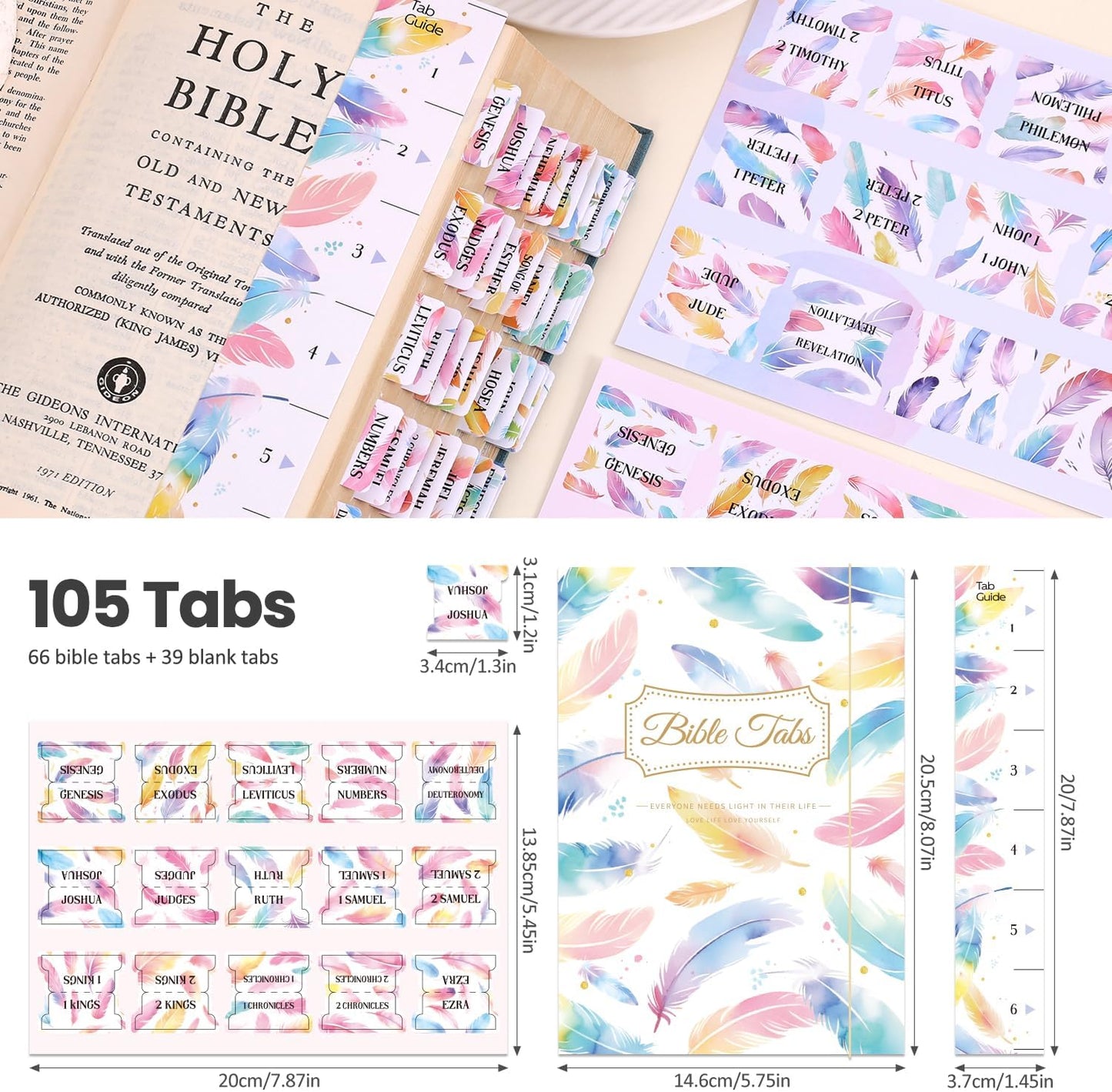 Bible Tabs For Women, 66 Large Print Laminated Bibles Chapters Index Tabs and 39 Blank Dividers Sticky Labels, Cute Beauty Feather Bible Study Supplies, Journaling Accessories, Christian Gifts for Men