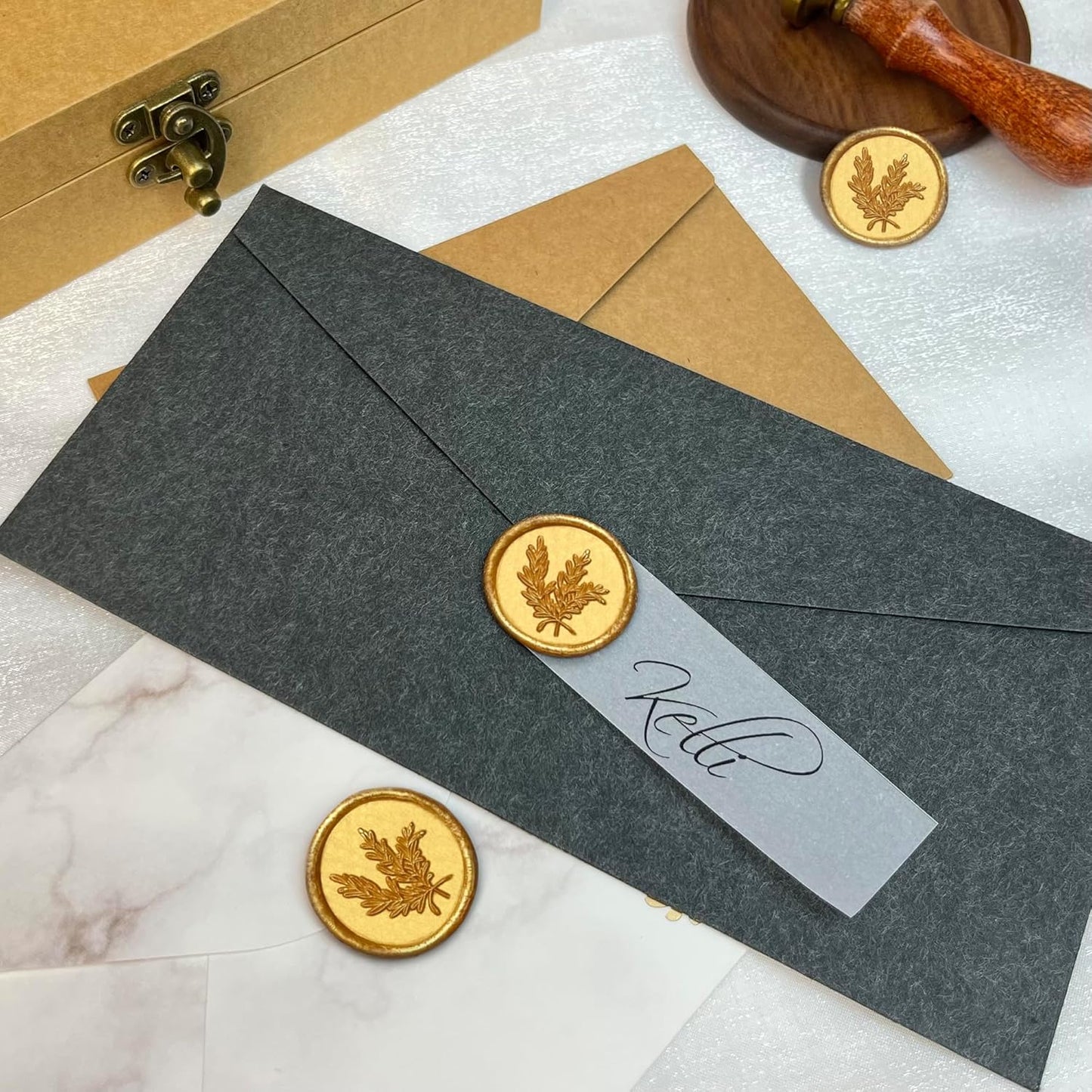 100Pcs Wax Seal Stickers Handmade Envelope Seals Self Adhesive Wax Stickers for Wedding Party Invitations, Envelope, Gift Wrap, Christmas(Rosemary Style, Gold)