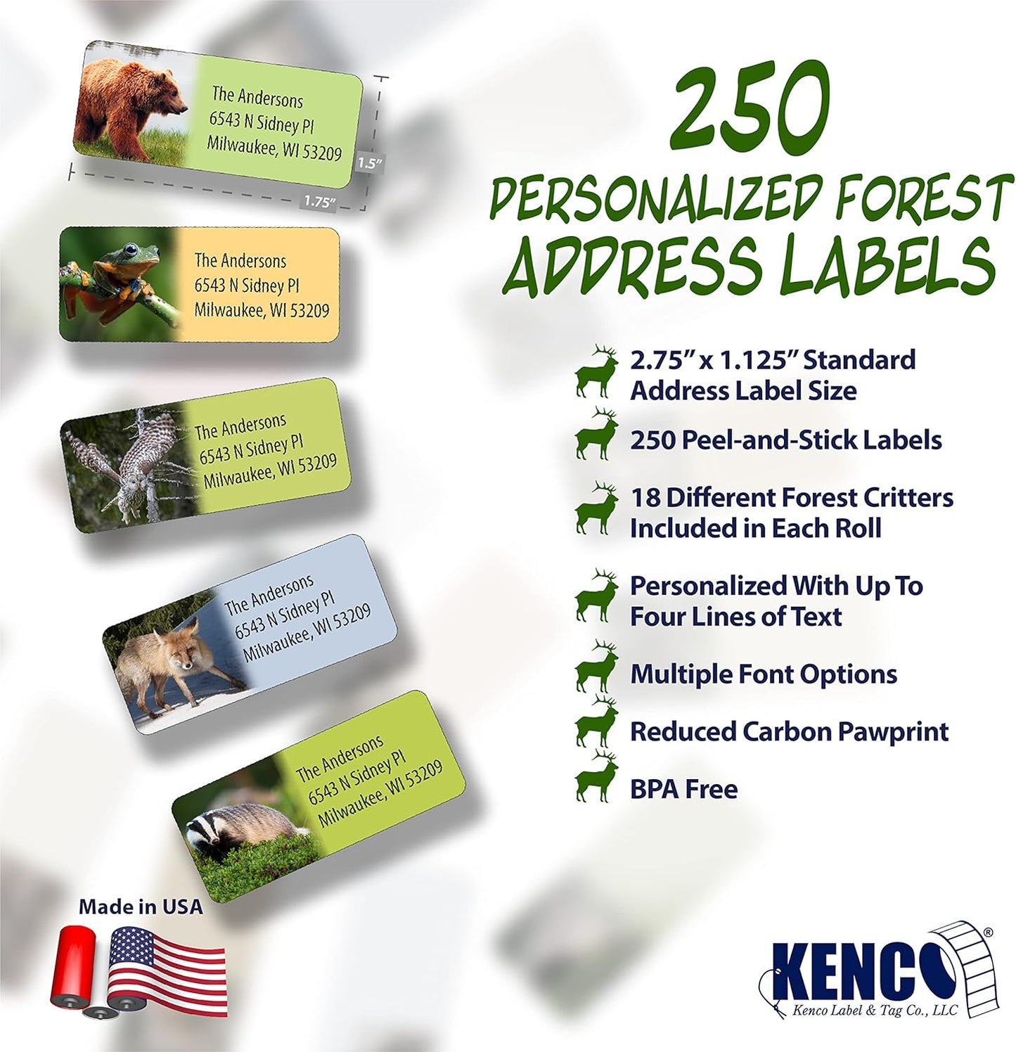 Customized Personalized Address Labels - Made in The USA by Kenco (250 Labels, Forest Wildlife)