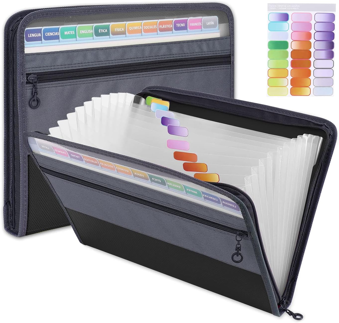 MEGREZ Expanding File Folder with 13 Pockets, A4 Paper File Folder with Zipper Color Labels, Waterproof Accordion File Folder Organizer for Home Office, Black