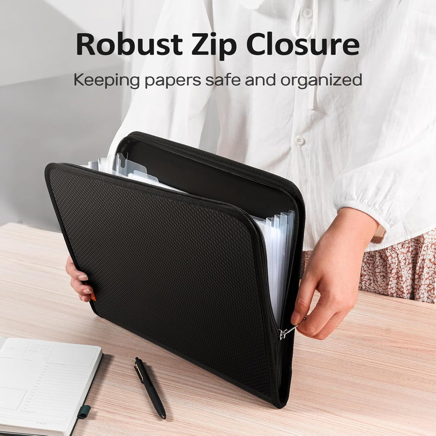 Sooez 7 Pockets Accordion File Organizer, Zipper Expanding File Folder, Heavy Duty Folder Organizer, Sleek Letter Size Accordion Folder, Portable Expandable File Folder, 14 x 11.2 Inch, Black