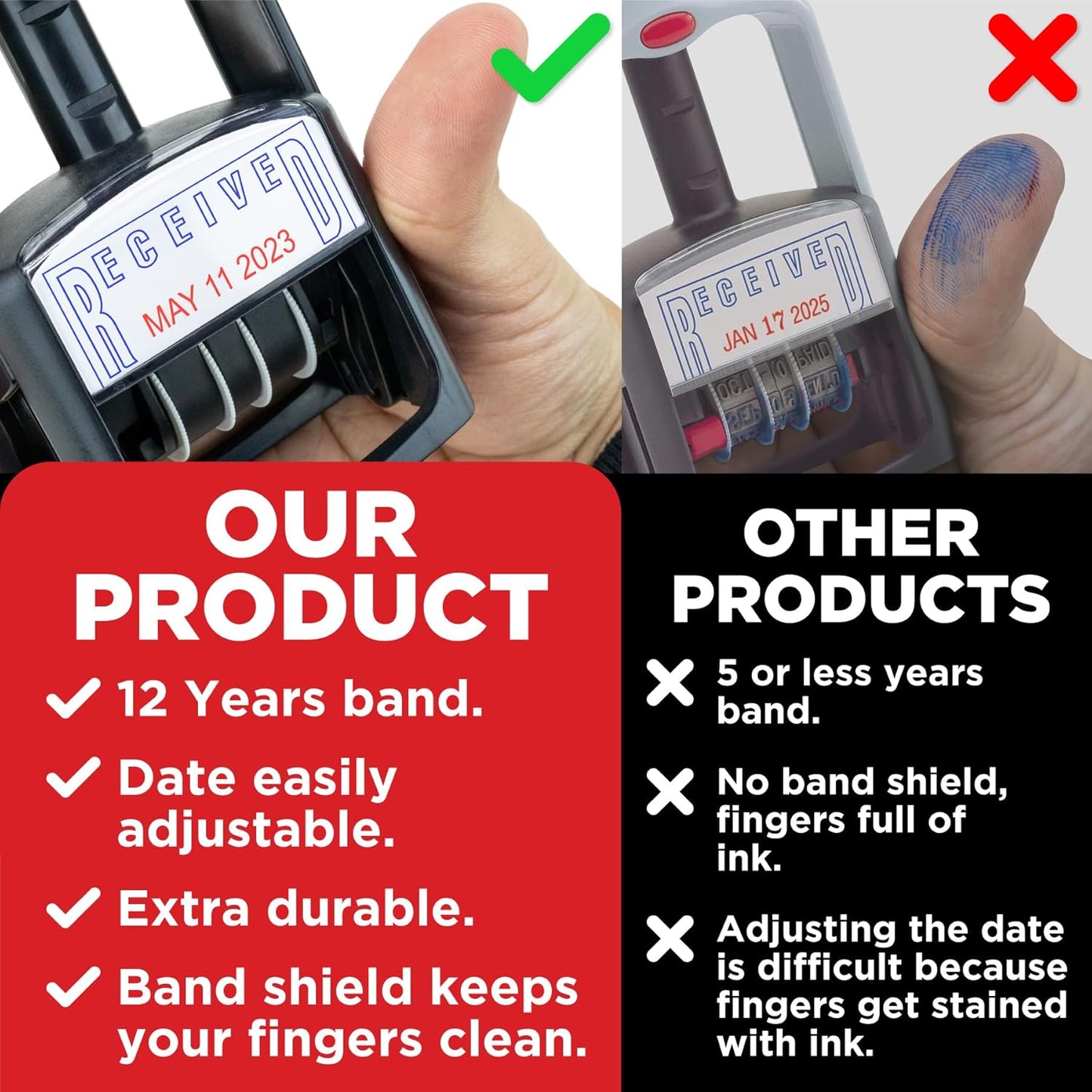 Self-Inking Rubber Date Office Stamp with Entered Phrase - Blue Ink - 12-Year Band