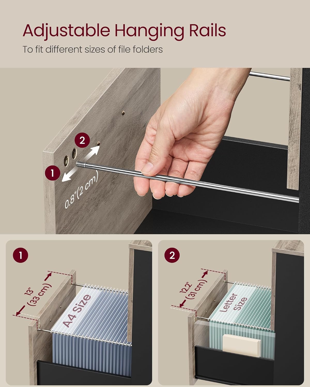 VASAGLE 2-Drawer File Cabinet, Small Rolling Filing Cabinet for Home Office, Printer Stand, for A4, Letter-Size Documents, 15.7 x 16.5 x 27.6 Inches, Heather Greige and Ink Black UOFC040B02