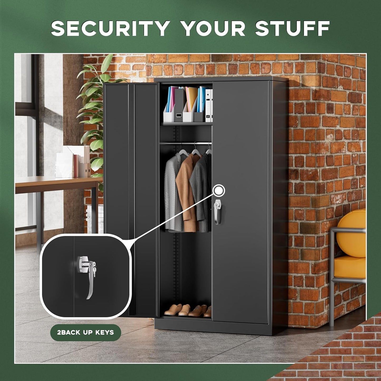 Greenvelly Metal Wardrobe Cabinet with Locking Doors, 72"H Black Metal Wardrobe Closet with Hanging Rods and Adjustable Shelves, Clothing Storage Closet for Home, Office, Employee, Gym (18" D x 36” W)