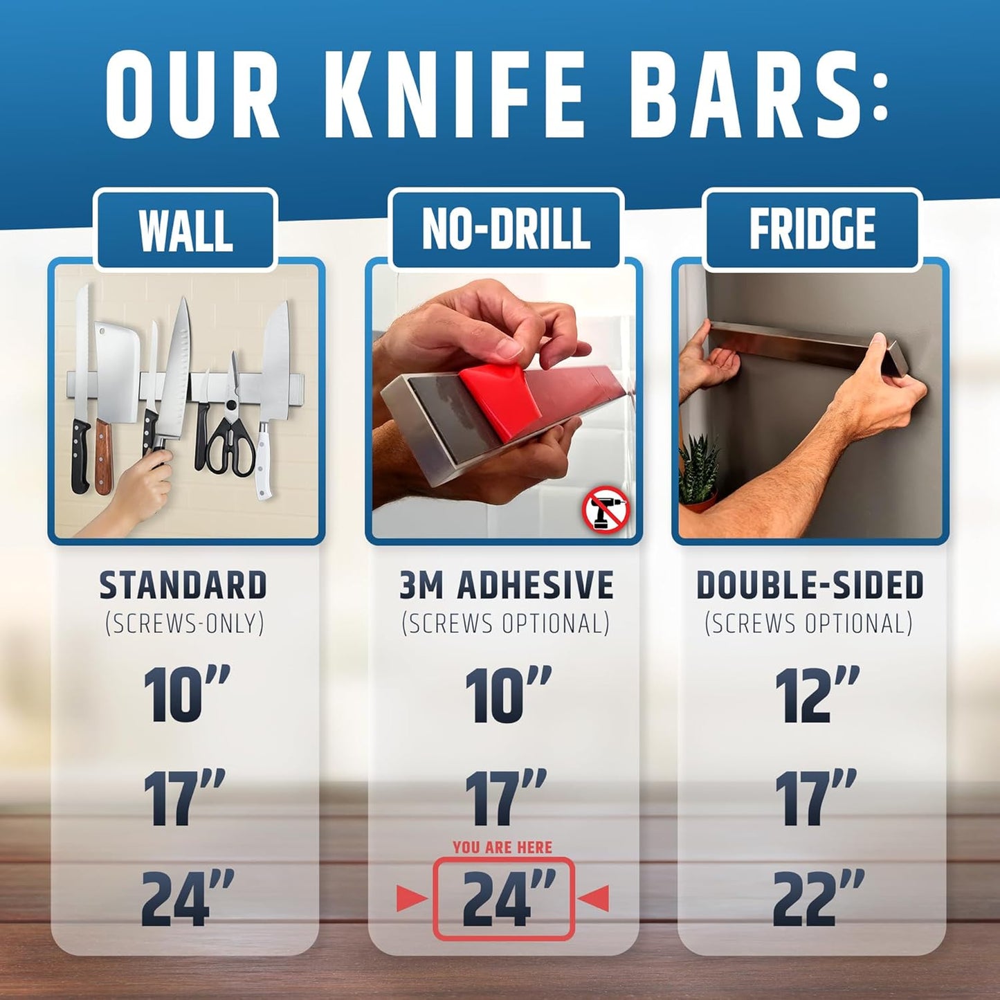 Strong Adhesive (No Drill) Magnetic Knife Holder for Wall - Professional 24 Inch Knife Strip - No Screws Needed - Adhesive Backing - Stainless Steel Knife Bar (Upgraded Version – Will Not Fall)