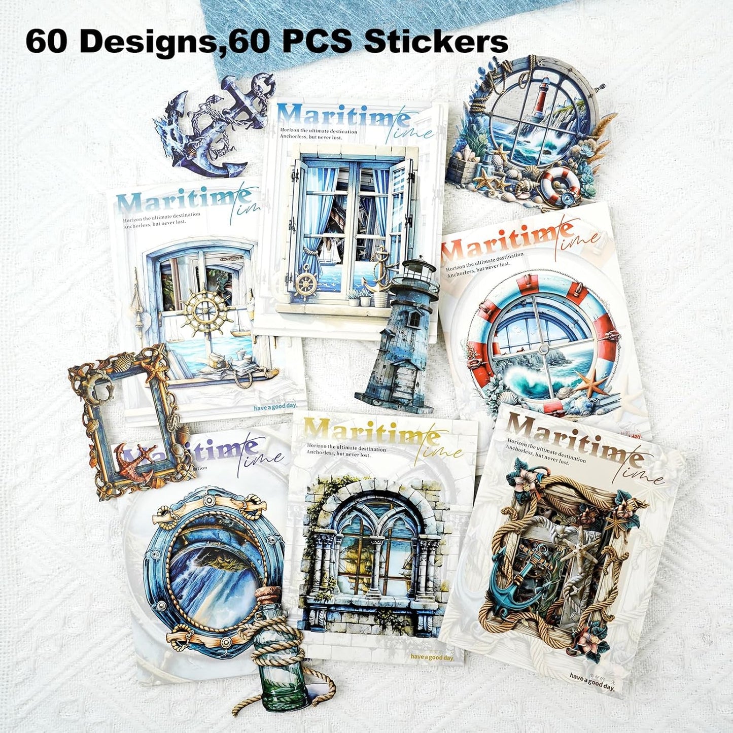 Nautical Scrapbook Stickers Set – 60PCS Vintage Maritime-Themed Cardstock Stickers, Adhesive Die-Cuts for Journals, Crafts, Gift Tags, DIY Decor