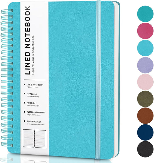 Lined Spiral Journal Notebook, A5 Hardcover Leather Notebook for Work, 5.7''×8.2'', 100GSM Thick Paper Spiral Bound Journaling Notebooks for Women & Men Office School Note Taking Business, Sky Blue