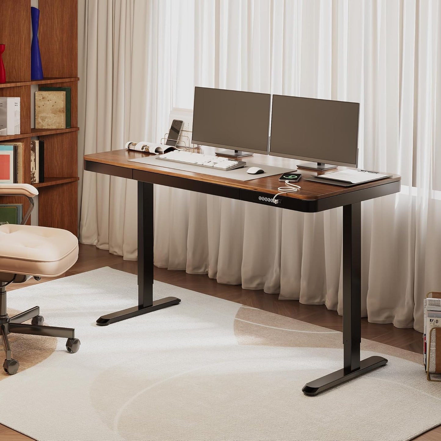 FLEXISPOT Comhar 55" Electric Standing Desk with Drawers, Quick Assembly Home Office Sit Stand Desk with Storage & USB Charging, Computer Workstation for Home Office (55" Wood, Dark Walnut/Black)