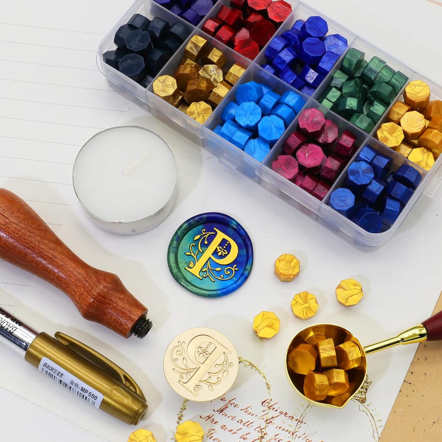 SWANGSA Initial Alphabet P Wax Seal Stamp Kit, Classic Retro Letter Sealing Stamp with 200pcs Sealing Wax Beads Kit for Wedding Invitations Cards Envelopes (P)