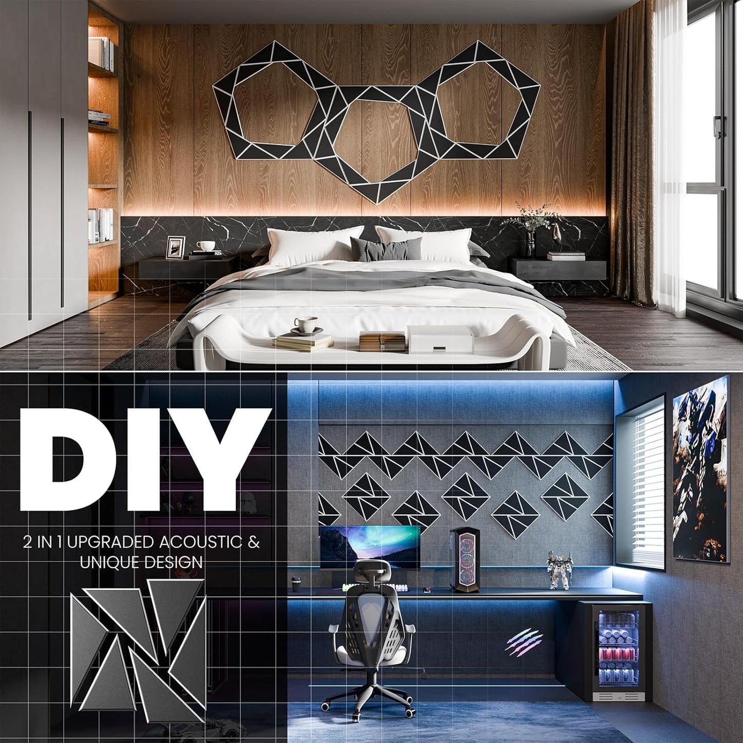 18 pack Acoustic Panels With Self-Adhesive, 12"X 12"X 0.4"Sound Proof Foam Panels, Sound Panels High Density, Soundproof Wall Panels for Home Studio Office- WhiteBase + BlackFace V1