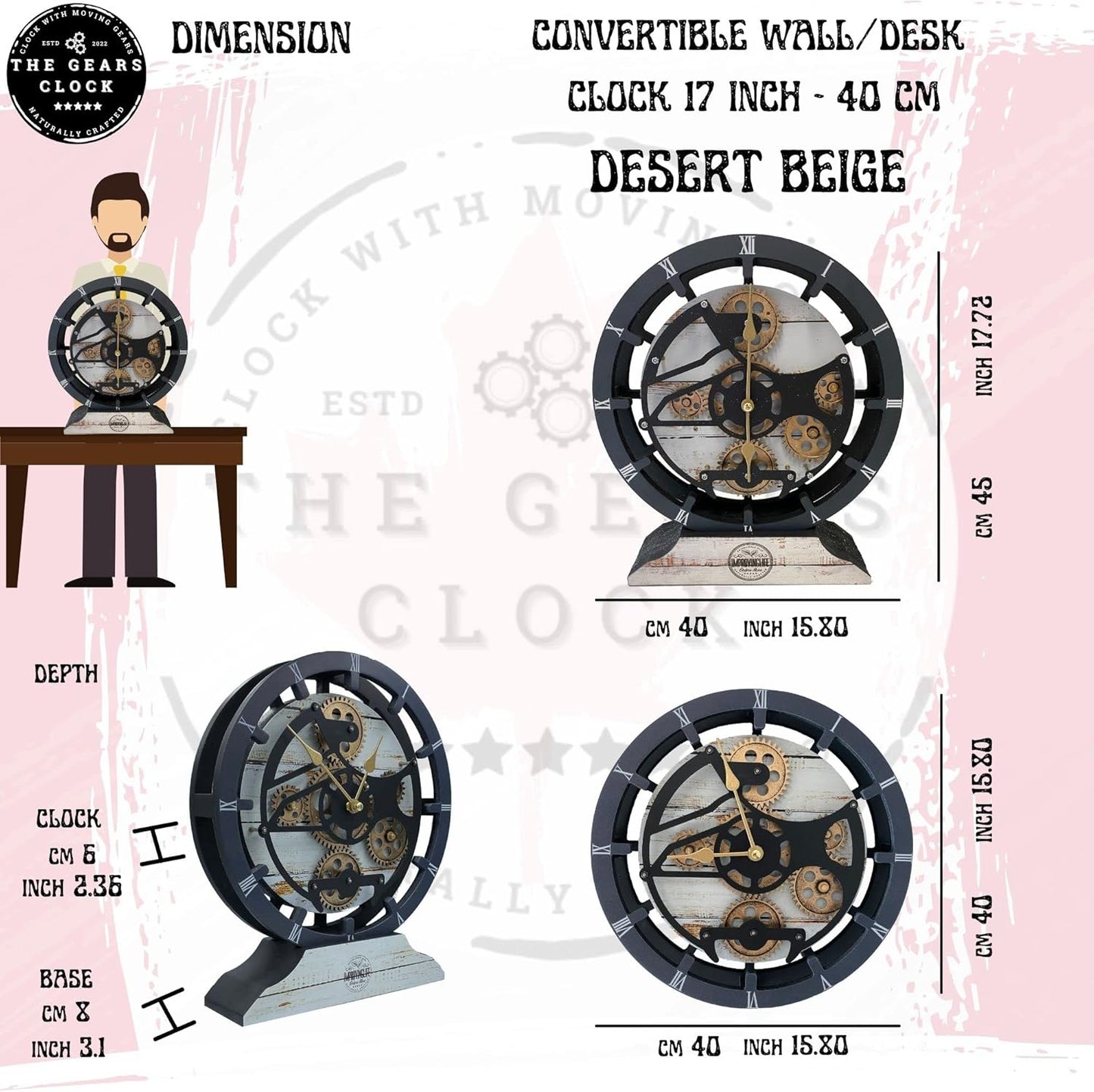 The Gears Clock 16 inches Wall Clock with Real Moving Gears Convertible into a Big Mantel Clock (Desert Beige)