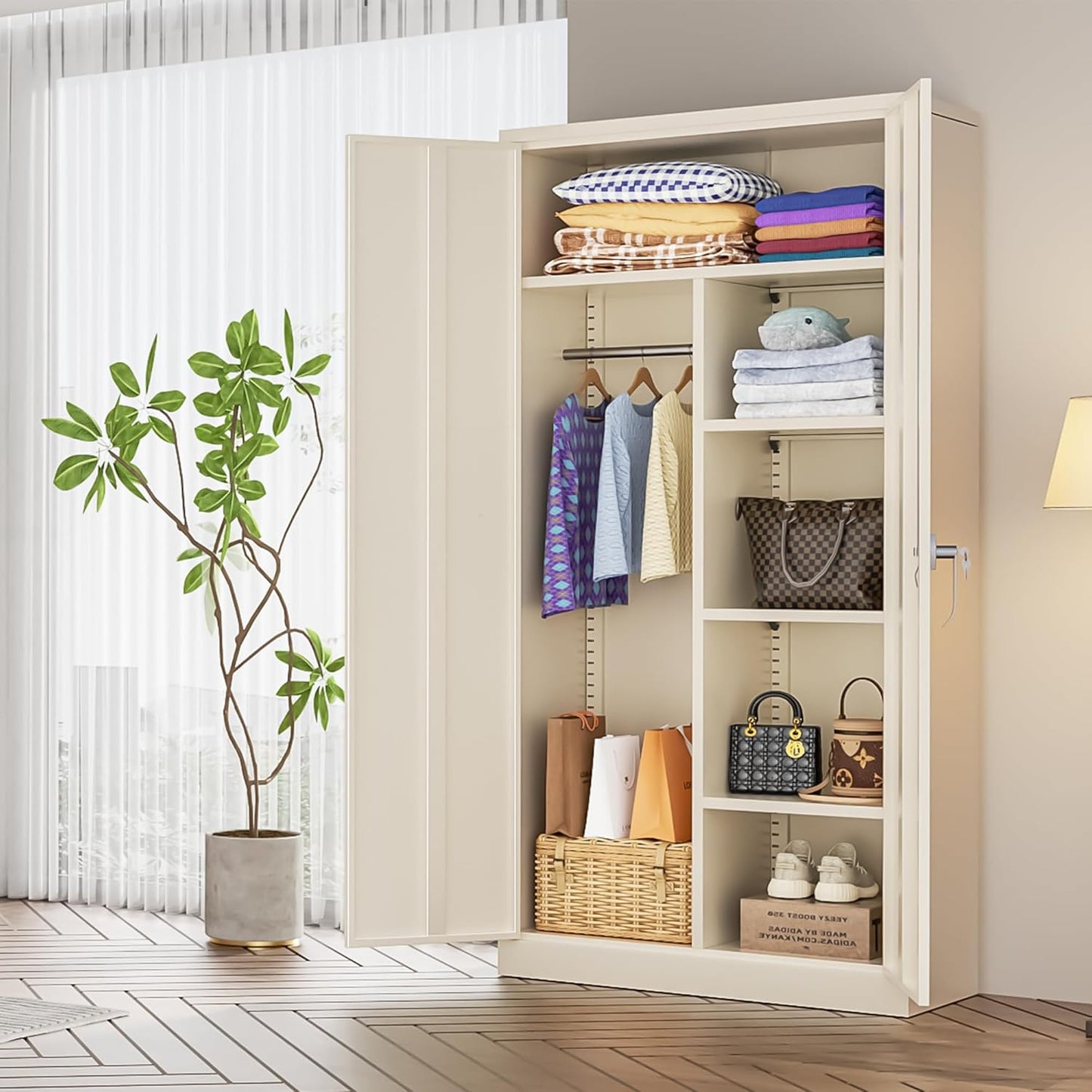 INTERGREAT Metal Storage Cabinet with Lock,72 Tall Armoire Wardrobe Closet with Doors,Cream Grey Storage Closet Cabinet with Adjustable Shelves and Removable Hanging Rods