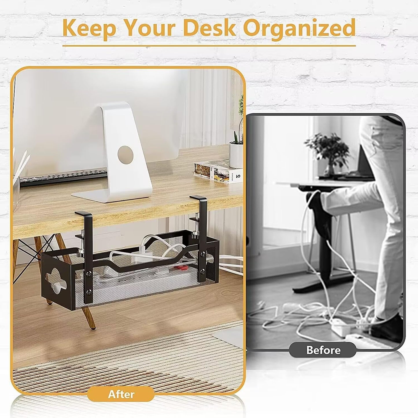 2-Pack Under Desk Cable Management Tray 13.38", Quszmd Cable Organizer No Drill, Standing Cord Organizer and Wire Management Tray - No Damage to Desk, Black