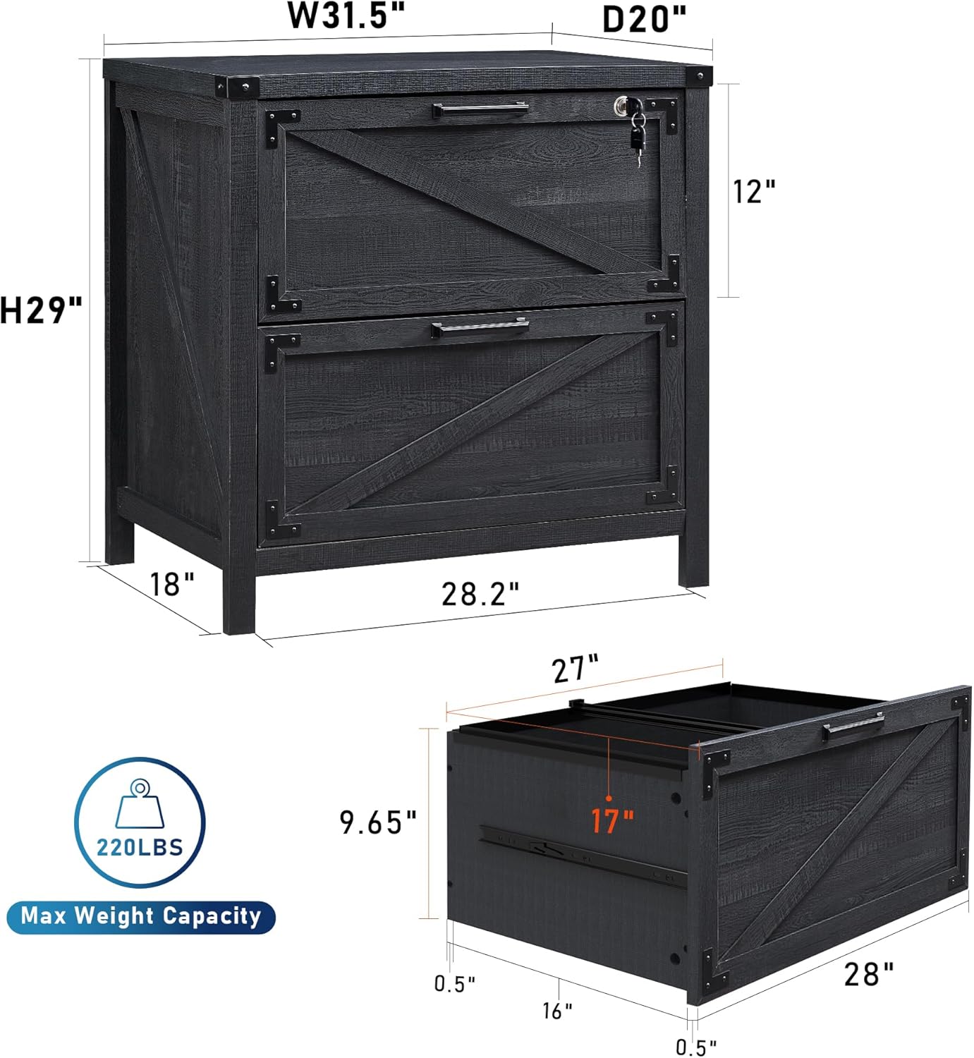 JXQTLINGMU 2 Drawer Farmhouse File Cabinet, Lateral Filing Cabinet with Lock for Home Office, Compatible Legal Letter A4 F4 Size, Black