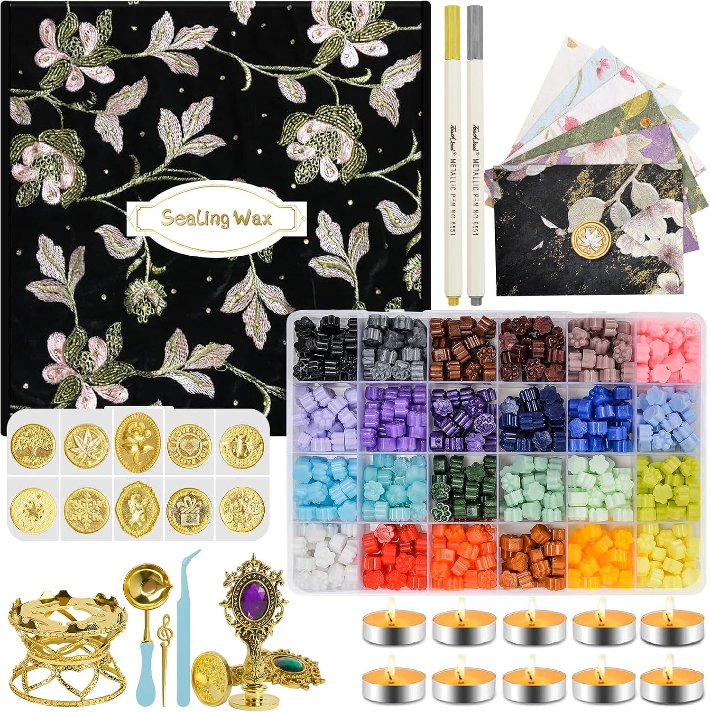 Numola Wax Seal Kit with Gift Box, 24 Colors 600 Pcs Cat-paw Beads, 10 Stamps with Storage Box, 2 Retro Handle, Metal Warmer, Vintage Envelopes, Metallic Pen, Candles, for Gifts and Decorating