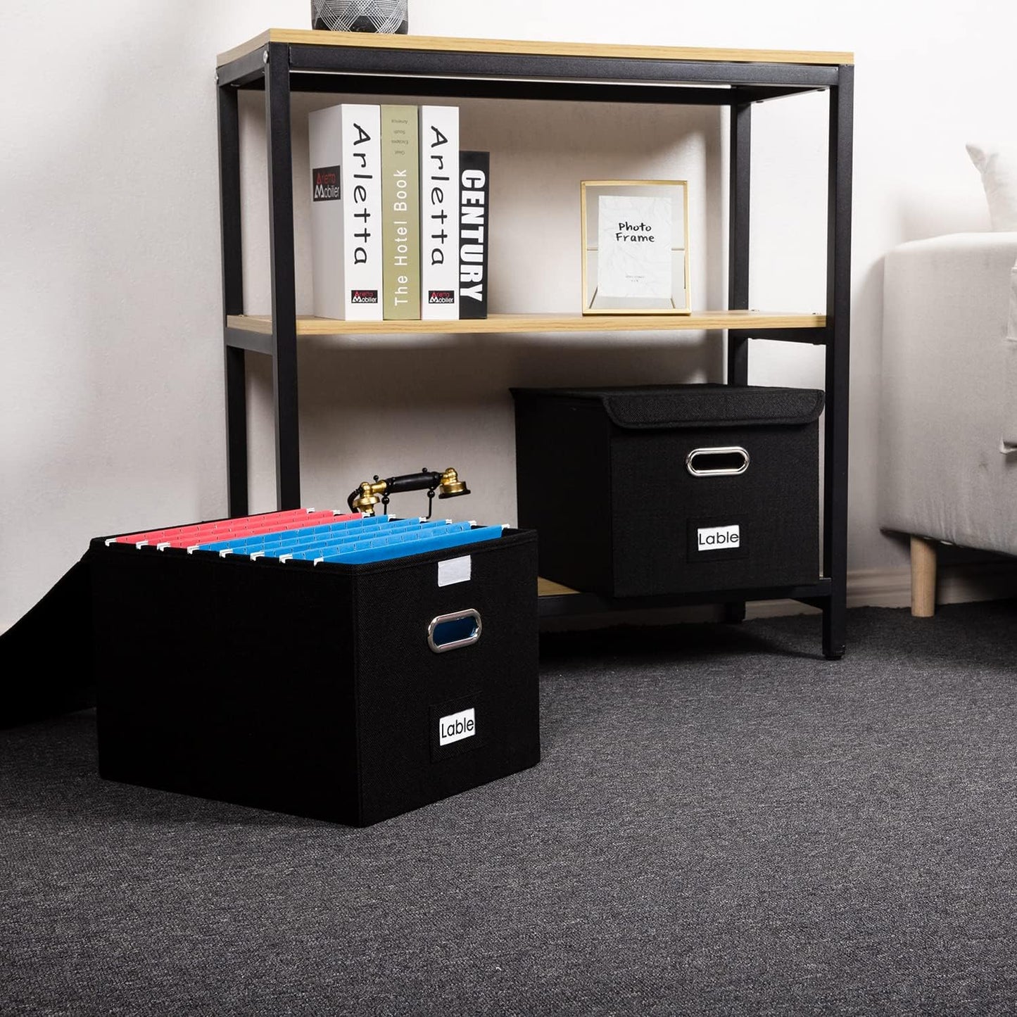 PRANDOM File Organizer Box - Set of 1 Collapsible Decorative Linen Filing Storage Hanging File Folders with Lids Office Cabinet Letter Size Black (15x12.2x10.75 inch)