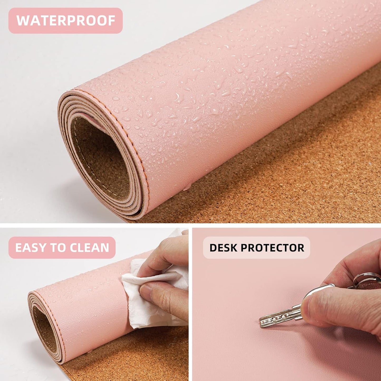 Leather Desk pad Protector, Large Desk mat with Natural Cork & PU Leather,Mouse pad,Non-Slip Office Desk Mat,Waterproof Desk Writing Pad for Office and Home (47in*23.7in, Pink)