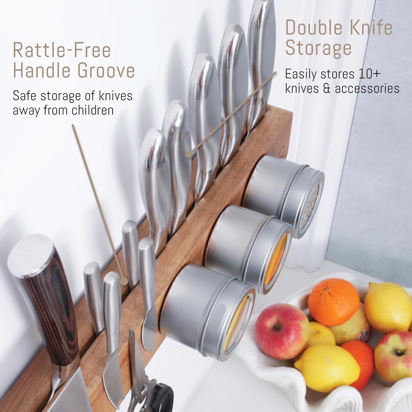Premium 10 inch Magnetic Knife Holder for Wall with 2x Storage & Charming Wood - Knife Magnetic Strip, Under Cabinet Magnet Knives Storage - Magnet Strip Rack Kitchen Utensil Holder Organizer Tool