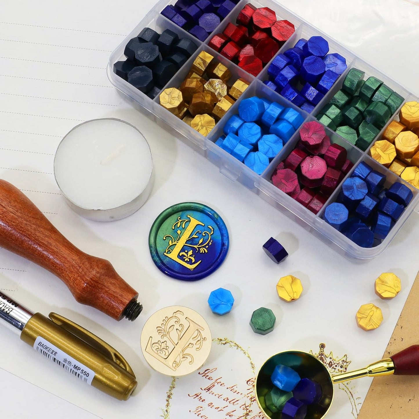 SWANGSA Initial Alphabet L Wax Seal Stamp Kit, Classic Retro Letter Sealing Stamp with 200pcs Sealing Wax Beads Kit for Wedding Invitations Cards Envelopes (L)