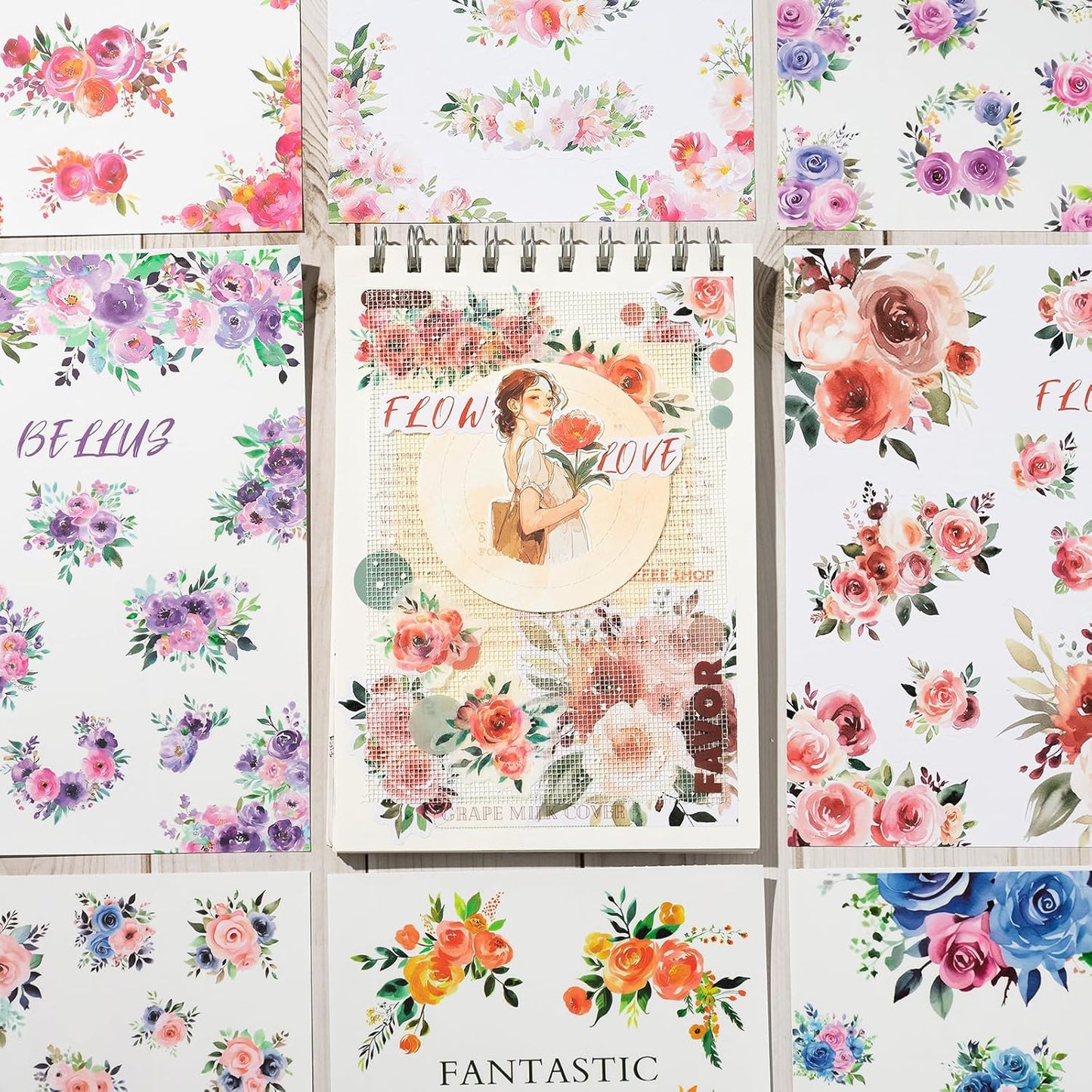 YagCu Vintage Watercolor Floral Sticker Book, Pre-Cut Stickers for Journaling, Assorted Washi Paper PET Materials, Junk Journal Supplies, Scrapbooking Crafts Arts