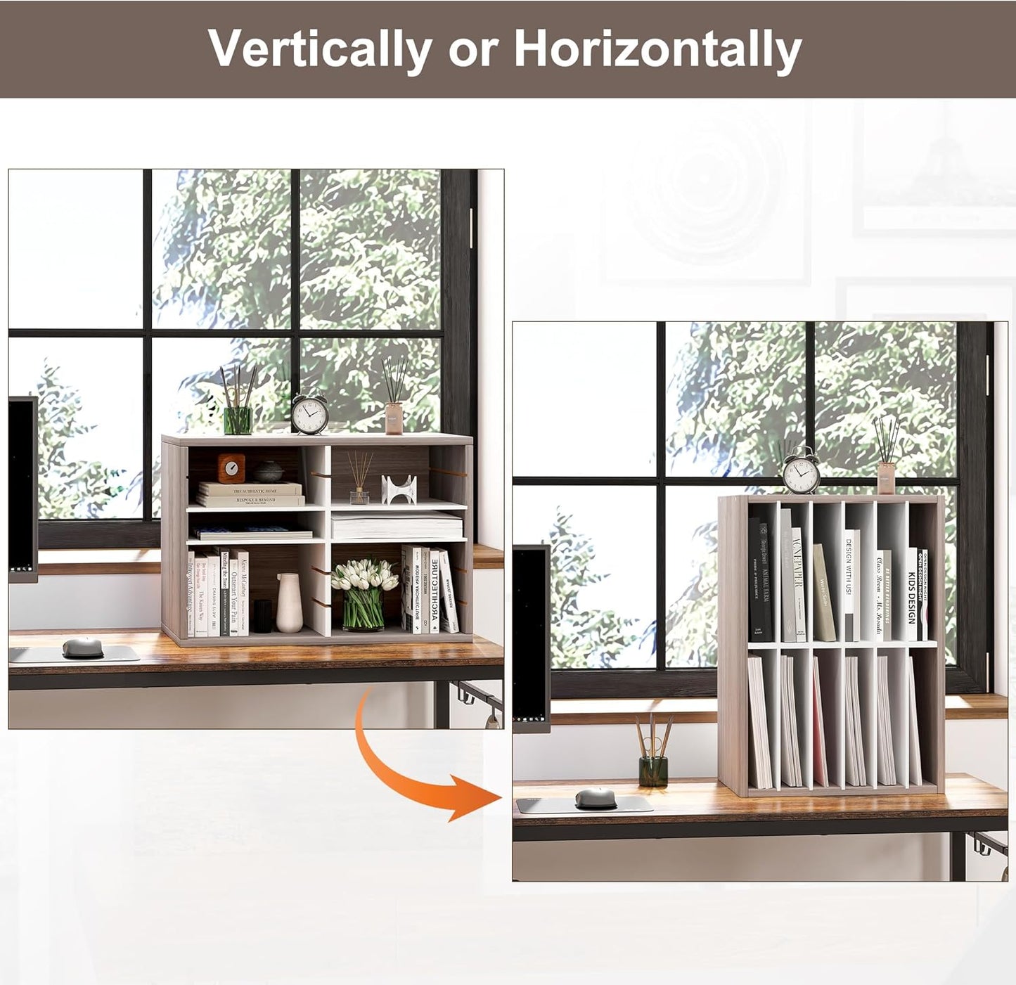 Mail Organizer Countertop, 12 Slots Wooden Desk File Literature Sorter, Adjustable Paper Storage Shelves Document Holder, Space Saving Desktop Mailbox for Office Classroom, Retro Grey/White