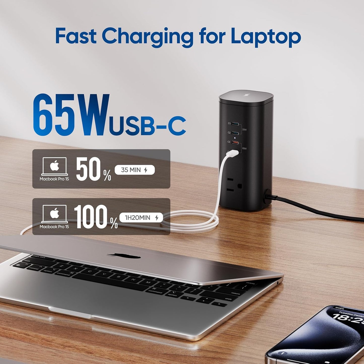 Flat Plug Surge Protector Tower, TenTrend Power Strip Tower with Surge Protection, 3 AC Outlets & 8 USB Ports, 5FT Extension Cord, 115W Total Fast Charging Station for Multiple Devices