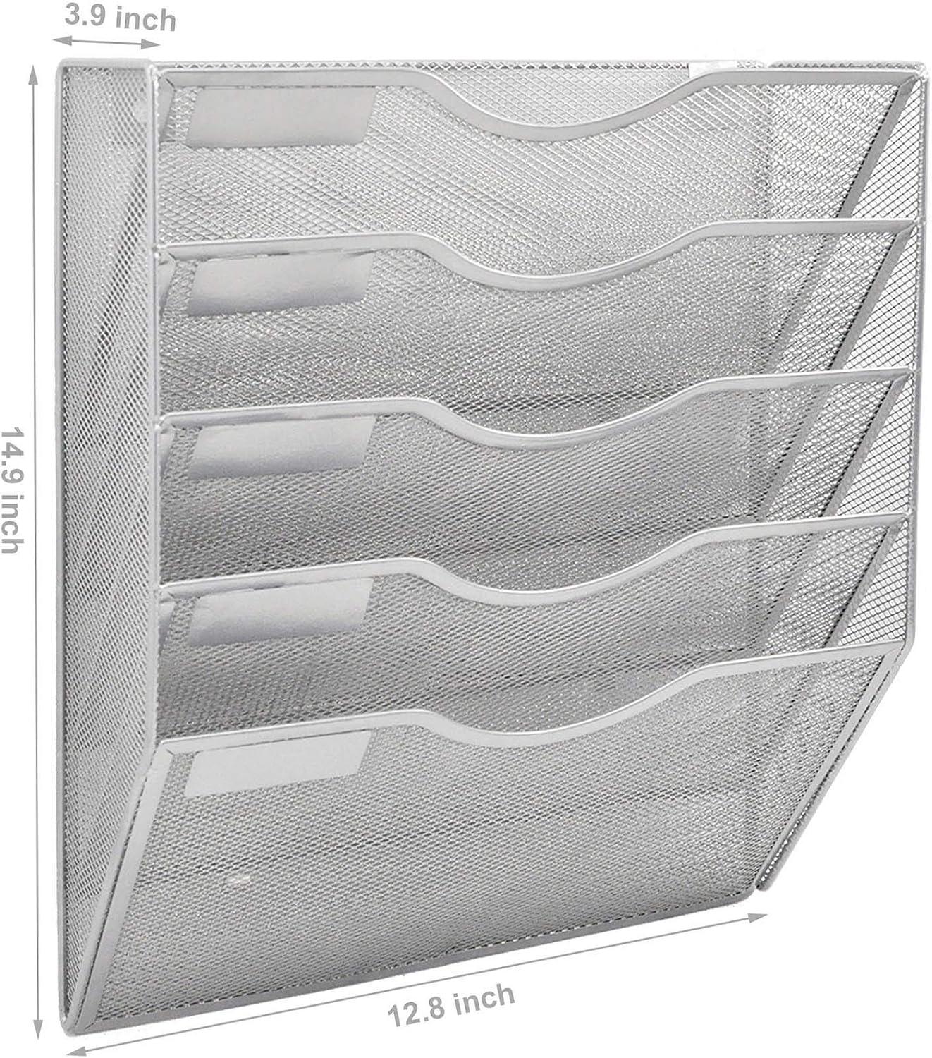 EASEPRES 5 Pocket Mesh Hanging Wall File Organizer, Wall Mounted Mail Paper Document Folder Holder, Clipboard Storage Organization Magazine Rack with Nametag Label for Office Home School, Silver