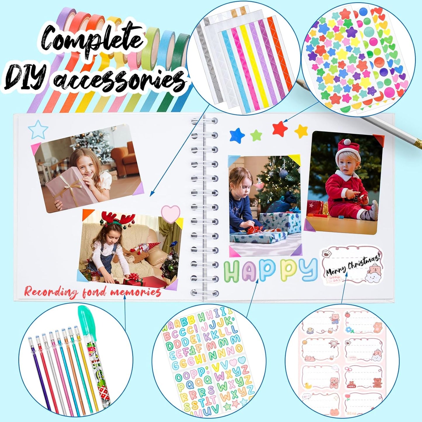 Kid Scrapbook Photo Album Hard Cover DIY Photo Album for Kids Instant Camera Print Paper with DIY Accessories (White)